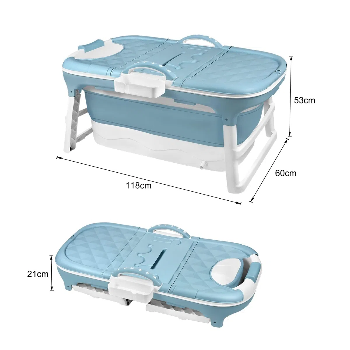 LARS360 Baignoire pliante pour adulte - Baignoire de voyage pliante avec couvercle amovible - Porte-savon, rouleaux de massage, baignoire mobile pour petite salle de bains (118 x 62 x 53 cm)