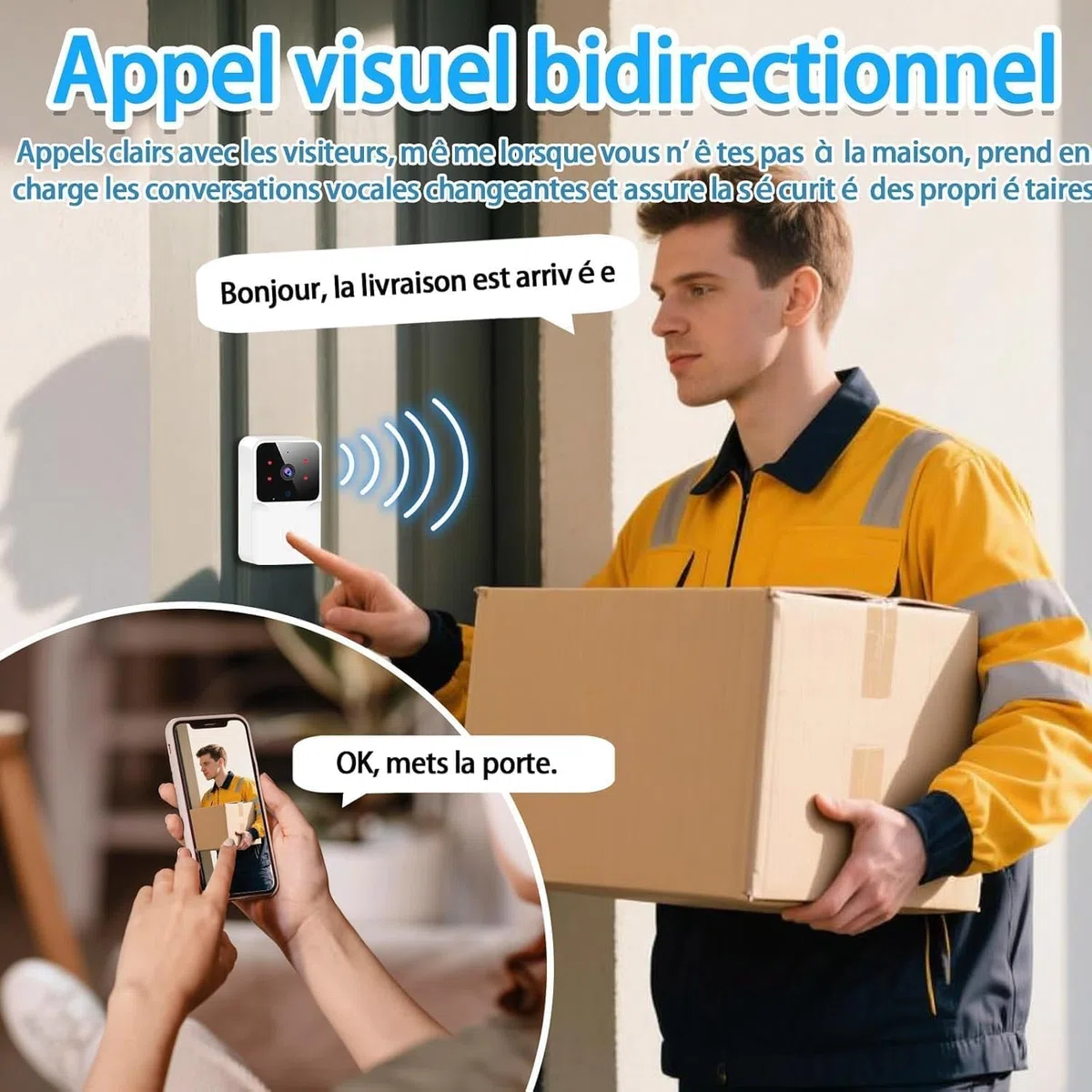 Sonnette sans Fil Extérieure Étanche,Sonnette Vidéo sans Fil avec Caméra,1080P Surveillance WiFi de Vision Nocturne HD,Audio Bidirectionnel, Alertes de Détection Humaine (Small)