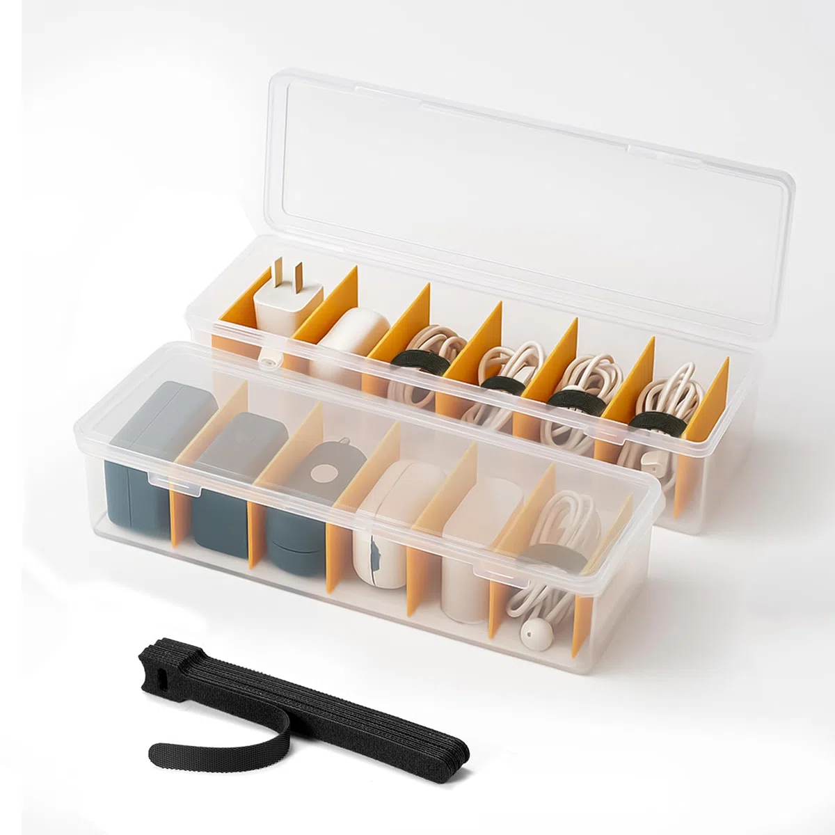 2 Pièces Boîte Rangement Câble avec 16 Attaches, Boîte Câble Transparente avec 7 Séparateurs – Organisateur de Câble pour Bureau, Maison, Boîte à Câble pour Chargeurs et Accessoires