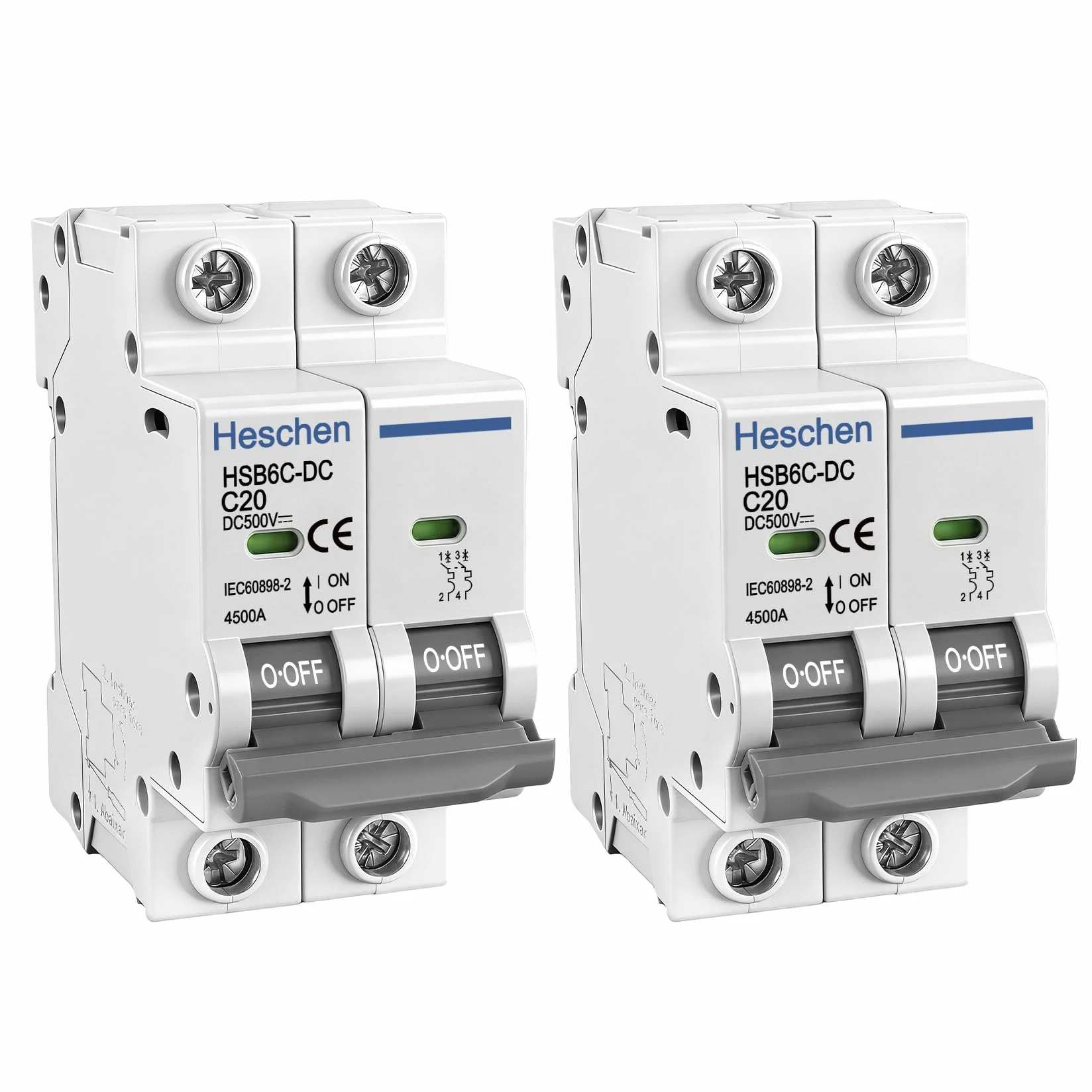 Heschen Lot de 2 disjoncteurs miniatures DC HSB6C-DC, 2 pôles, DC500V 20A, Disjoncteur de puissance photovoltaïque, pour système photovoltaïque solaire, panneaux solaires, système de treillis (20A)