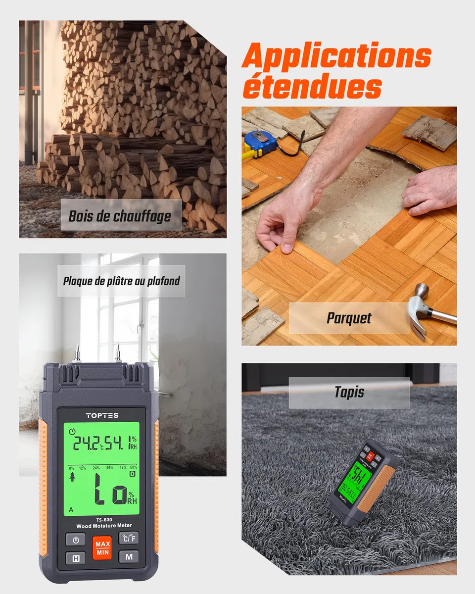 Testeur Humidité, TopTes TS630, Contrôle Rapide Teneur Bois Chauffage & Mur Construction, Grand Écran Rétroéclairé Tricolore, avec 7 Modes, Batterie Incluse