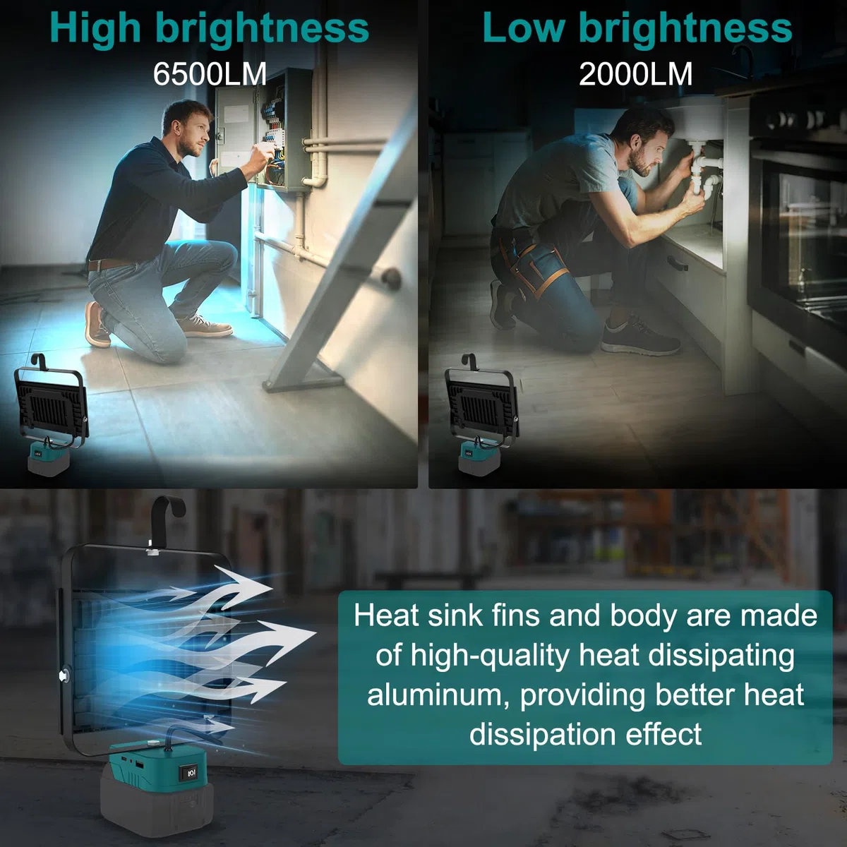 NATPOW Projecteur LED Compatible avec Makita 18V, 100W 6500LM Lampe de Chantier, 2 Modes 6000K Phare avec Type C et USB pour Chantier, Garage, Camping, Pêche, Sans Batterie