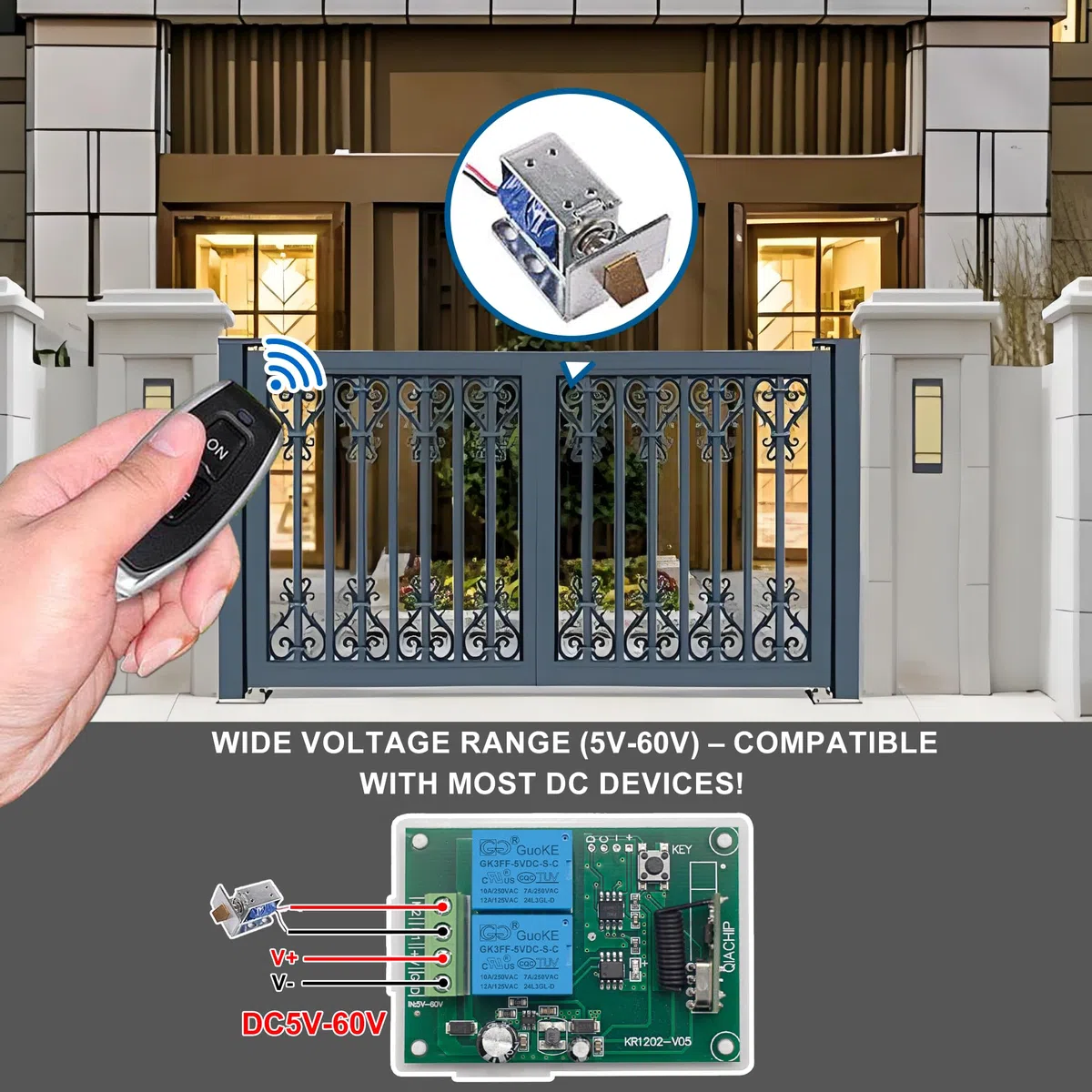 Contrôleur de moteur DC 12V DC, Commutateur de télécommande sans fil RF 433Mhz 10A Récepteur de relais avec 4 émetteurs, pour la rotation avant et arrière des moteurs, porte de porte, volet roulant