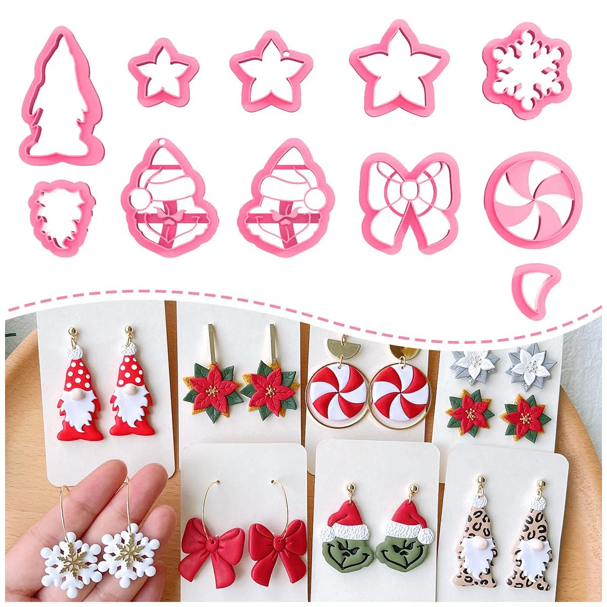 KEOKER Emporte-pièces pour argile de Noël - Formes pour boucles d'oreilles en argile polymère : Poinsettia, Grinch (10 pièces)