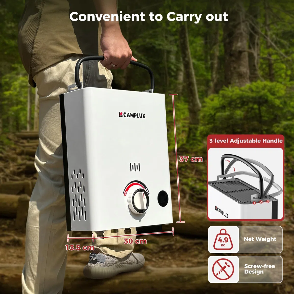 CAMPLUX First Chauffe-Eau à Gaz 5 Litres avec Poignée Réglable, pour Douche Extérieure/Camping/Caravaning, Butane (28-30 mbar)/ Propane (37 mbar), F5