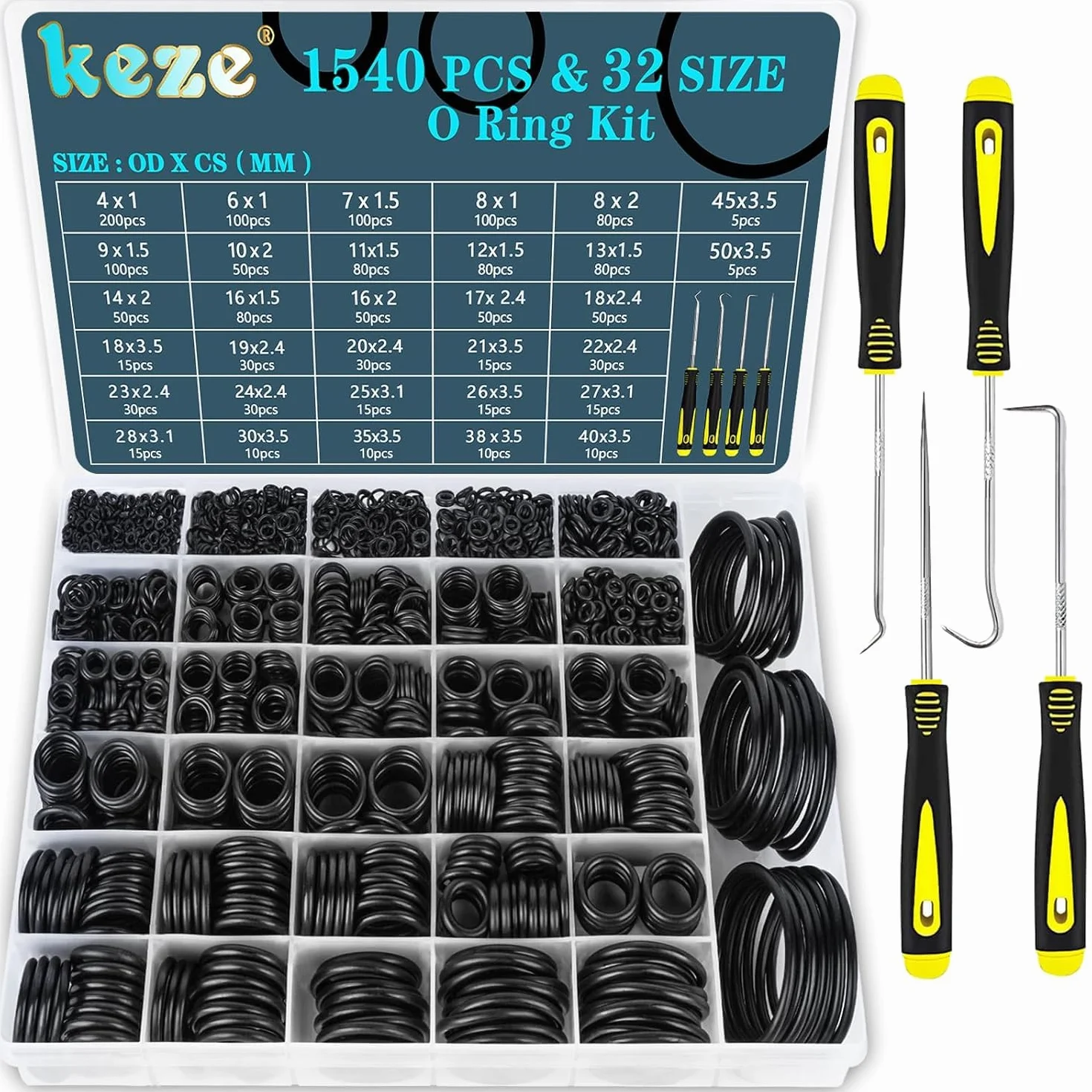 KEZE Kit assortiment de 1540 joints toriques en caoutchouc de 32 tailles avec pic et crochet pour robinets, plomberie,diamètre extérieur des joints toriques : 4 mm à 50 mm