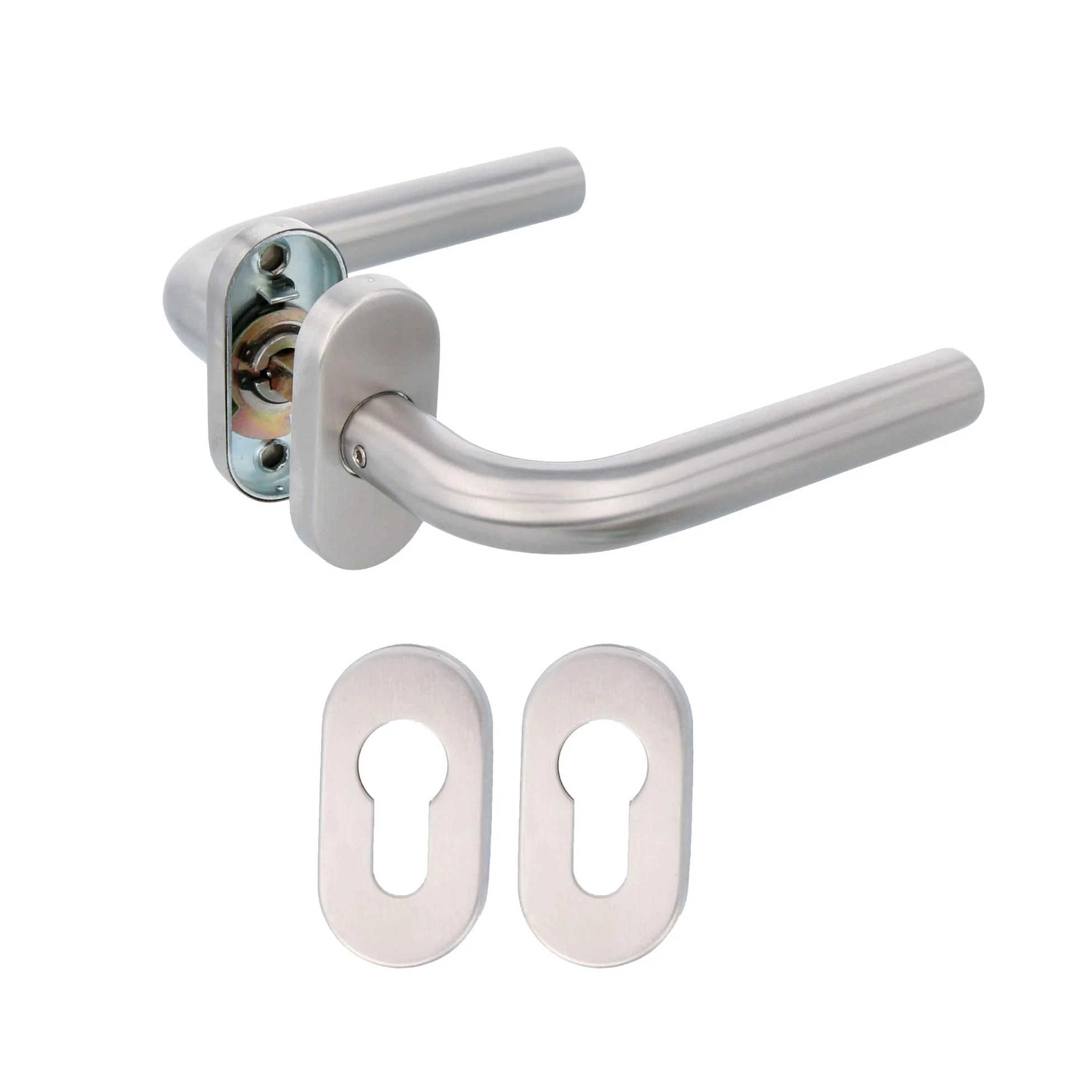 Amig - Juego de manillas para puerta Mod. 4O con placa oval - Para marco estrecho - Manilla en acero inoxidable 18/8 y roseta en acero niquelado - 136 x Ø19 mm - Acabado mate - Mod. 9954