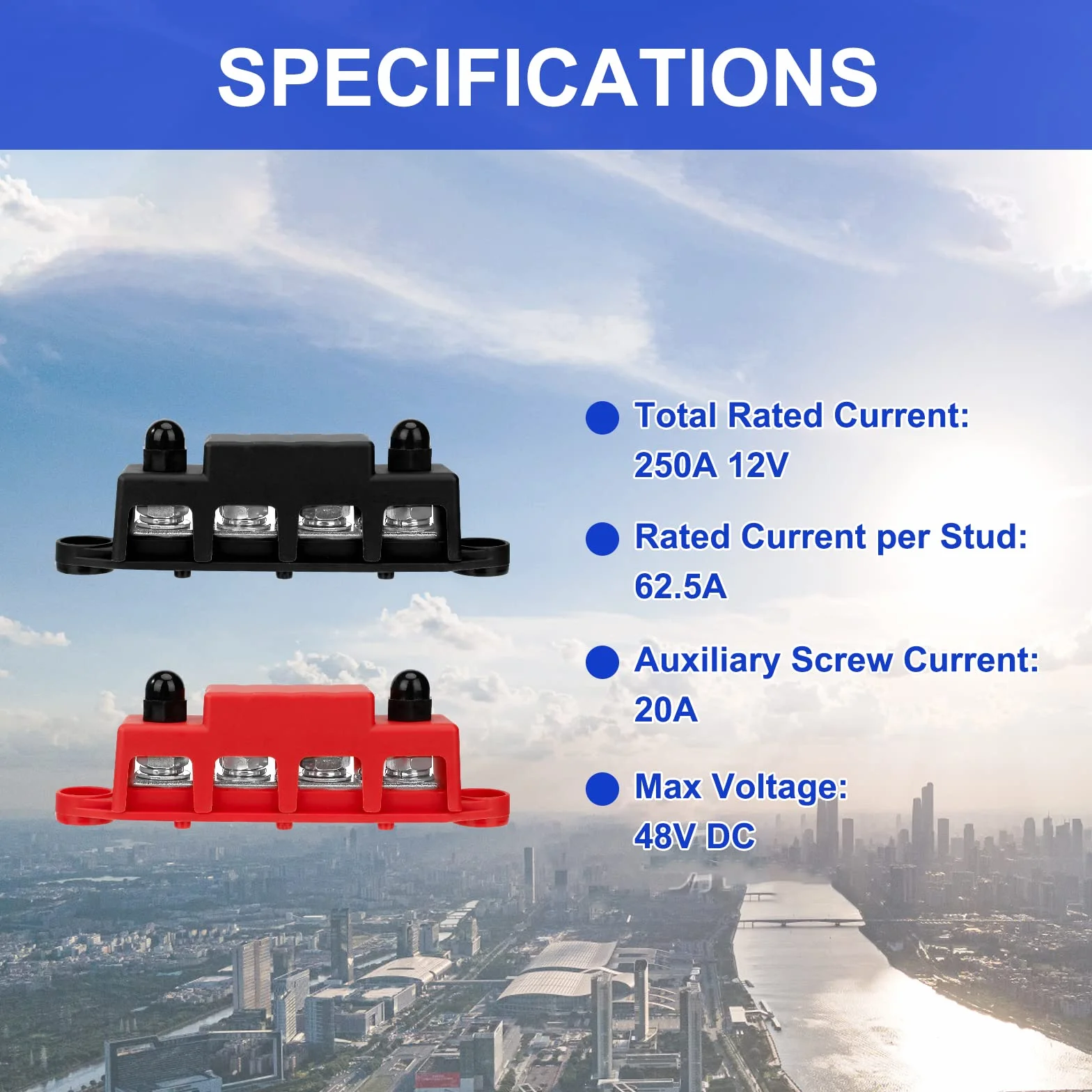 QIMEI-SHOP Bloc de Distribution D'alimentation 12V-48V DC BusBar 250A Barres de Distribution D'énergie avec 4 x M10 Boulons de Borne pour Voiture Camion Bateau Rouge Noir 2 Pièces