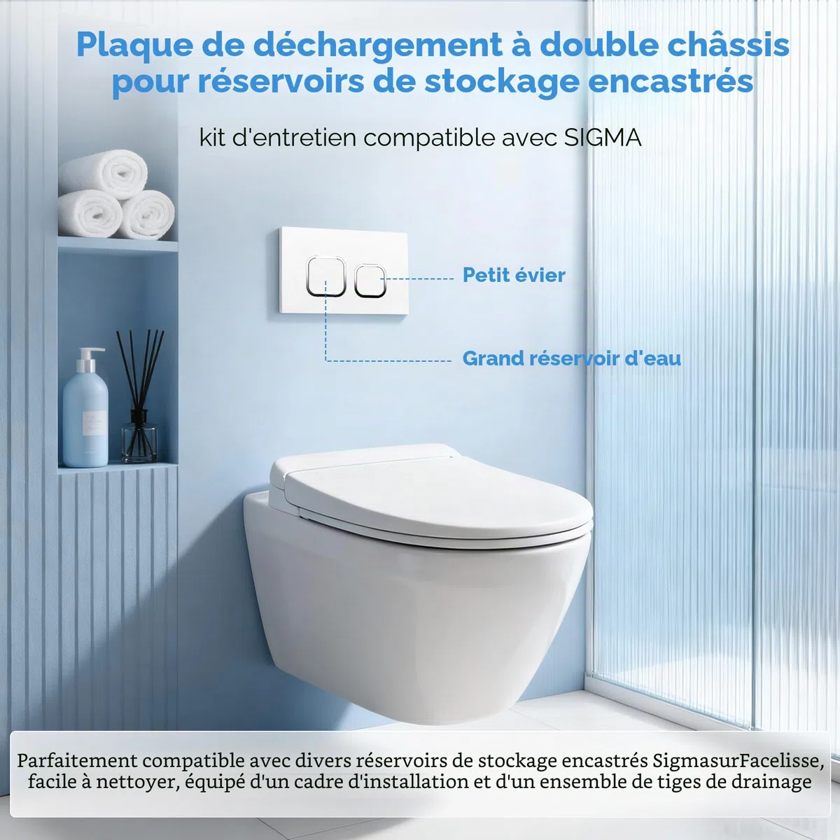Plaque de commande WC compatible avec Geberit Sigma, UP300 & UP320, plaque de déclenchement pour chasse à 2 débits, équipée d'un kit de levier de chasse et d'un cadre de montage (blanc)