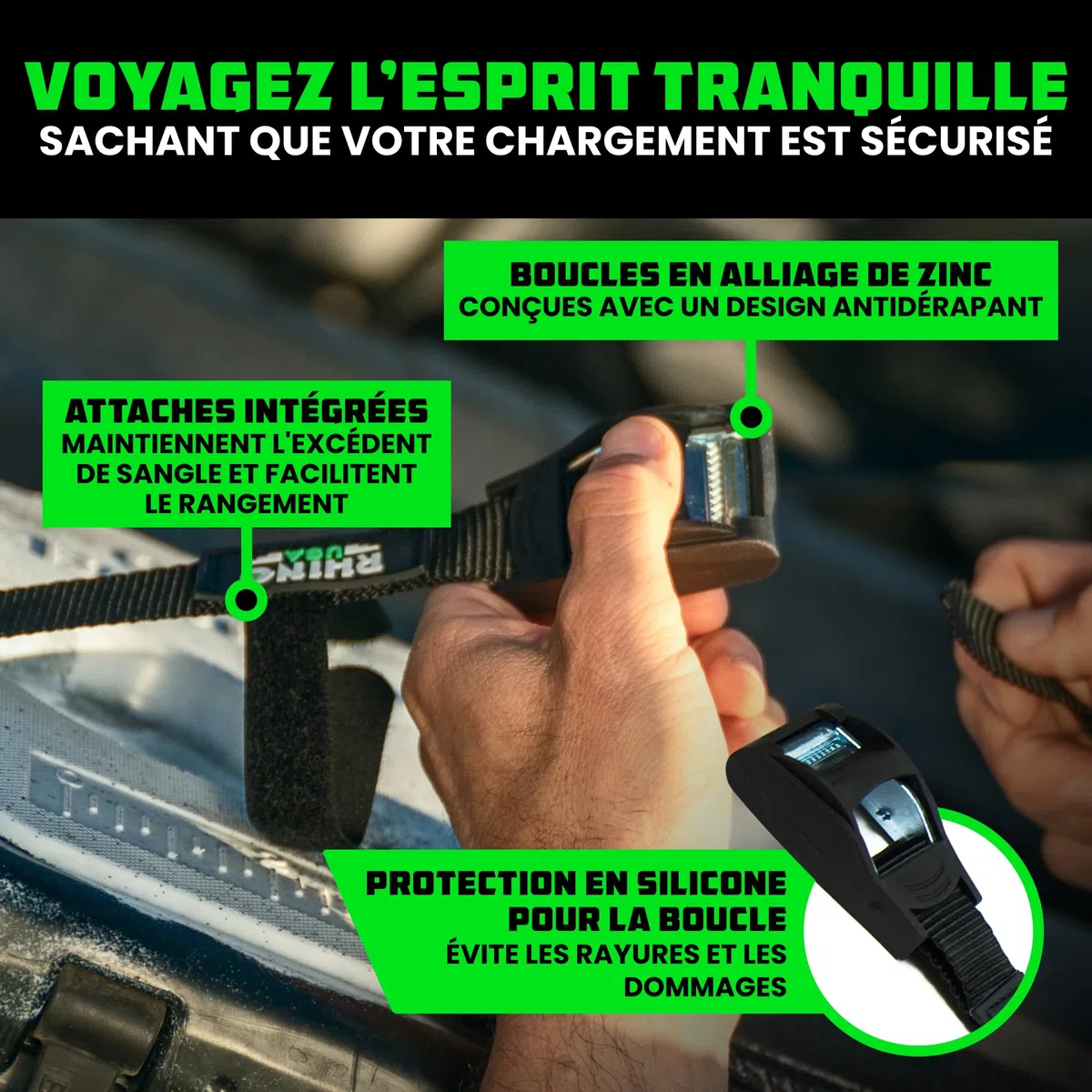 Rhino USA Sangles d'Arrimage (4) - Résistance Maximale à la Rupture de 500kg, Comprend (4) Sangles de Traction de 2.5cm x 3.6m, Sangles de Fixation pour Chargement, Kayak, Porte-Bagages de Toit