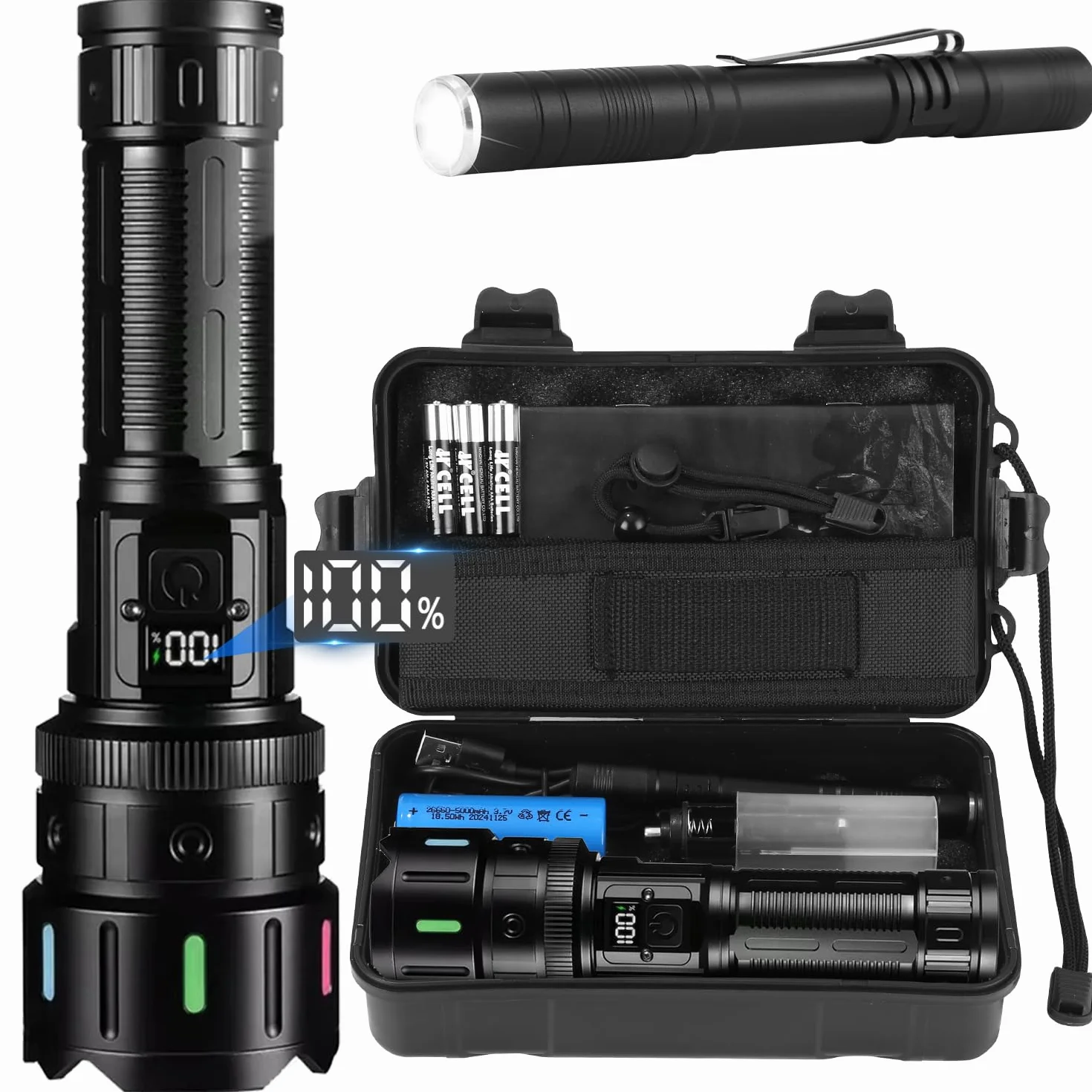 Lampe Torche LED Ultra Puissante, 1200000 Lumen Lampe de Poche Rechargeable avec Batterie 5000mAh,Lampe Torche Puissante de Zoomable 5 Modes, IP67 Étanche Torche Tactique pour Camping Randonnée Pêche