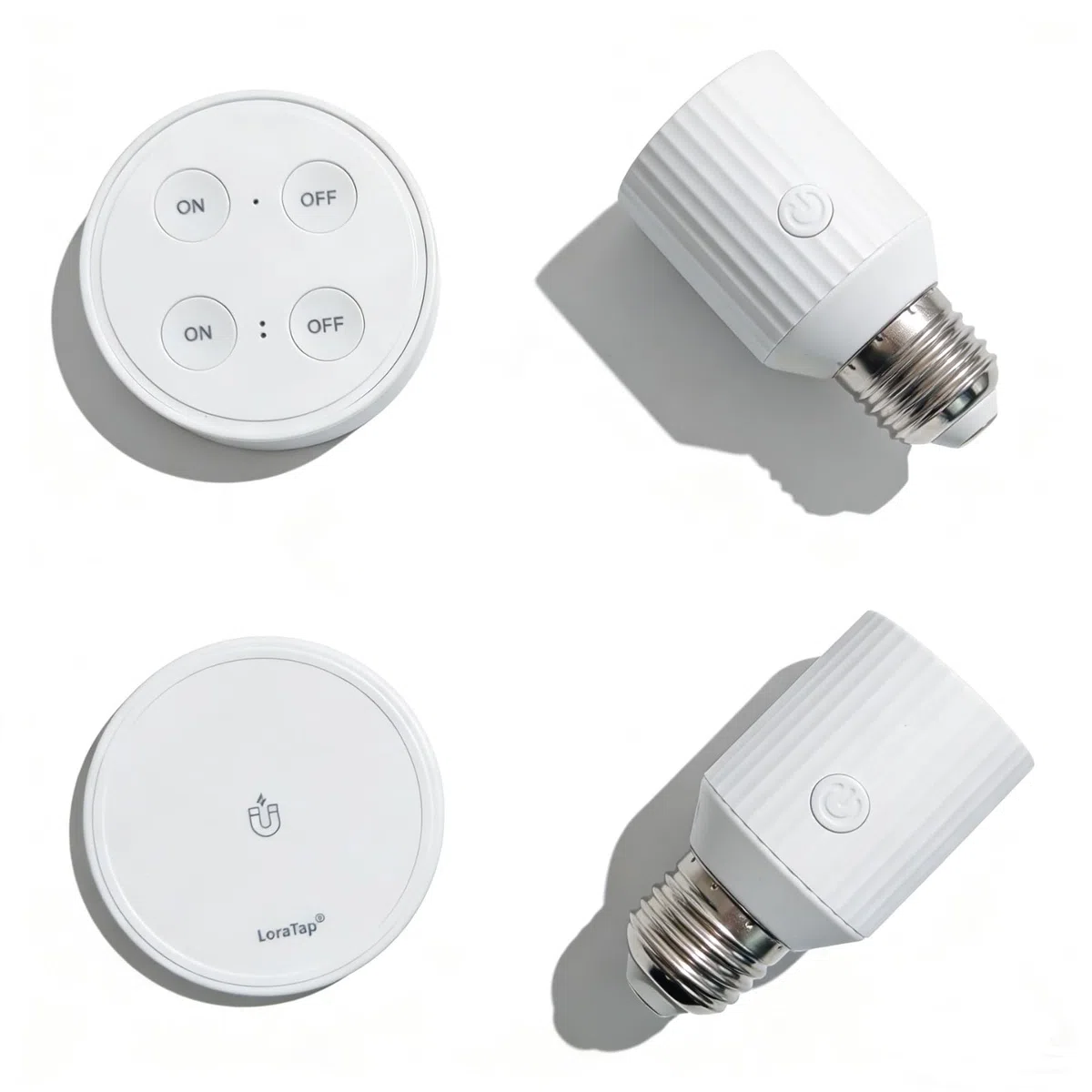 LoraTap Douille d’Ampoule Sans Fil avec Télécommande, Double Douille E27, Lot de 2 avec Télécommande 4 Boutons, ON/OFF Indépendant pour Plafonniers, Placards & Lampes à Chaînette, 60W Max