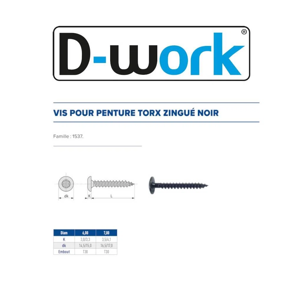 200 Vis Bois pour Penture Torx 6 x 50 mm - Zingué Noir - D-Work