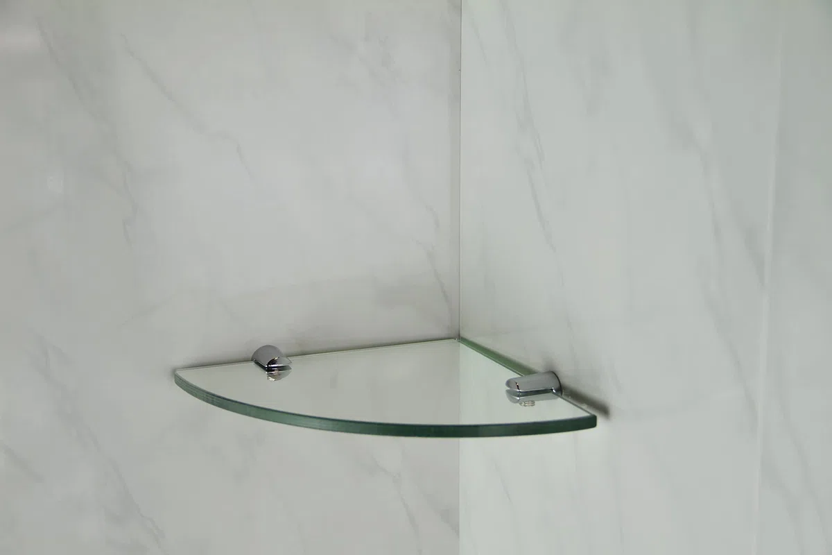 Étagère d'angle en verre trempé avec 2 fixations chromées 200 x 200 mm Épaisseur 6 mm