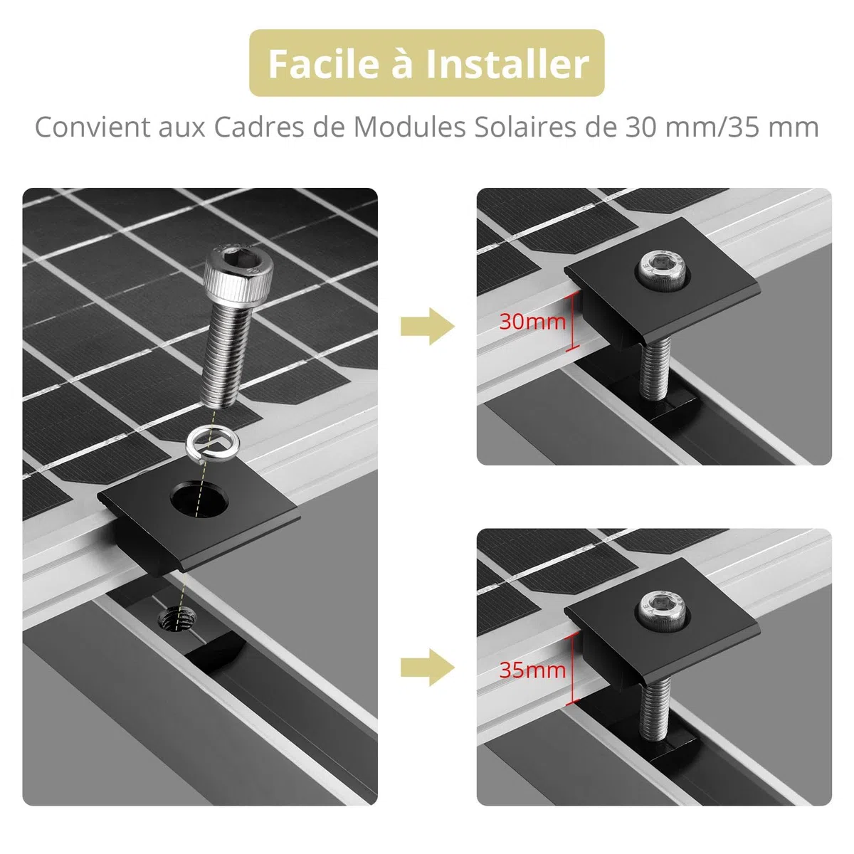 Anbte 10PCS Clip Central T Aluminium pour Support Panneau Solaire 30mm/35mm | Alliage Aluminium Résistant, Montage Rapide avec Clé, Compatible Toit, Camping-car, Bateau