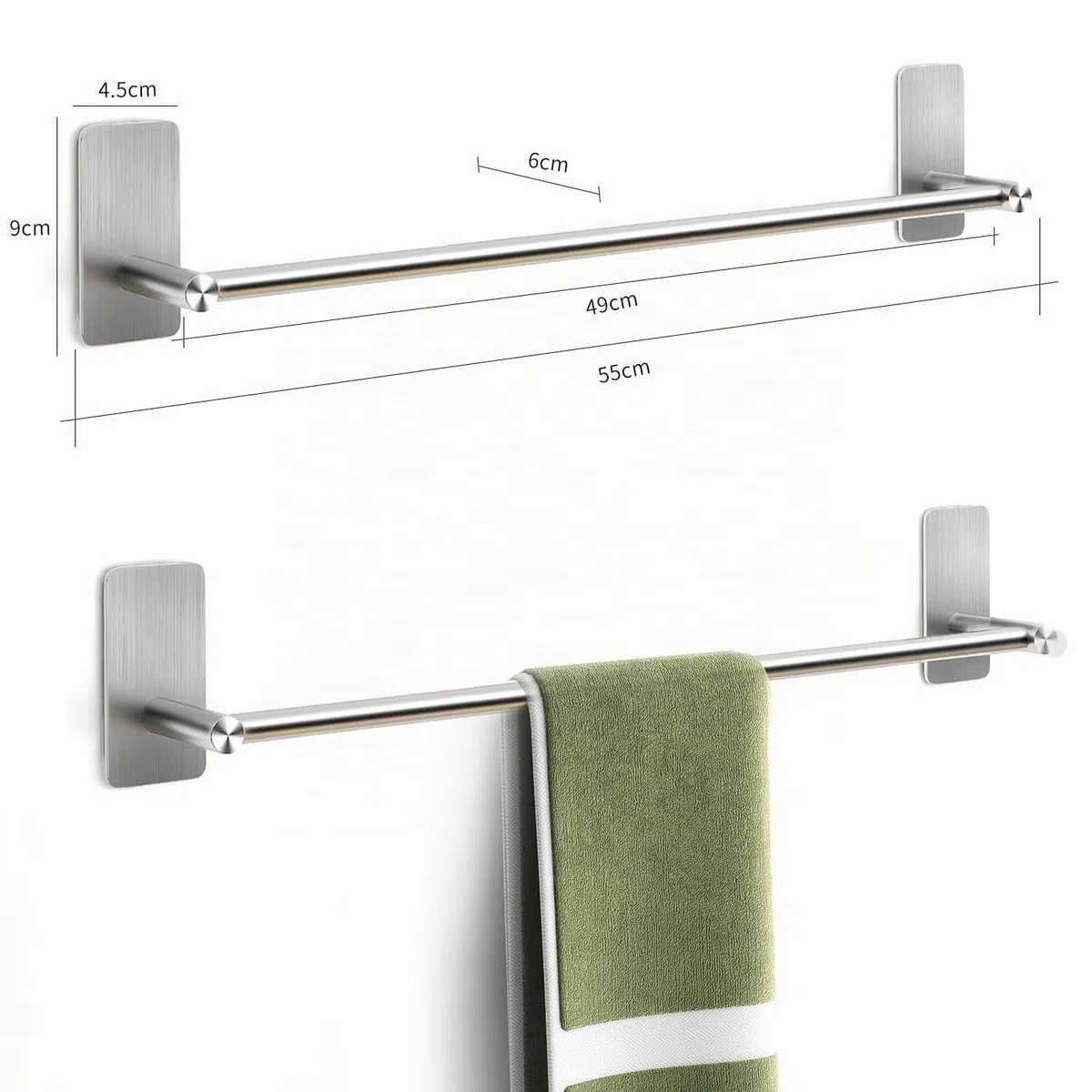 JS Barre Porte-Serviettes Auto-Adhesif en Acier Inoxydable Brosse pour Salle de Bain, 55 cm, Chambre a Coucher, Cuisine - Argente
