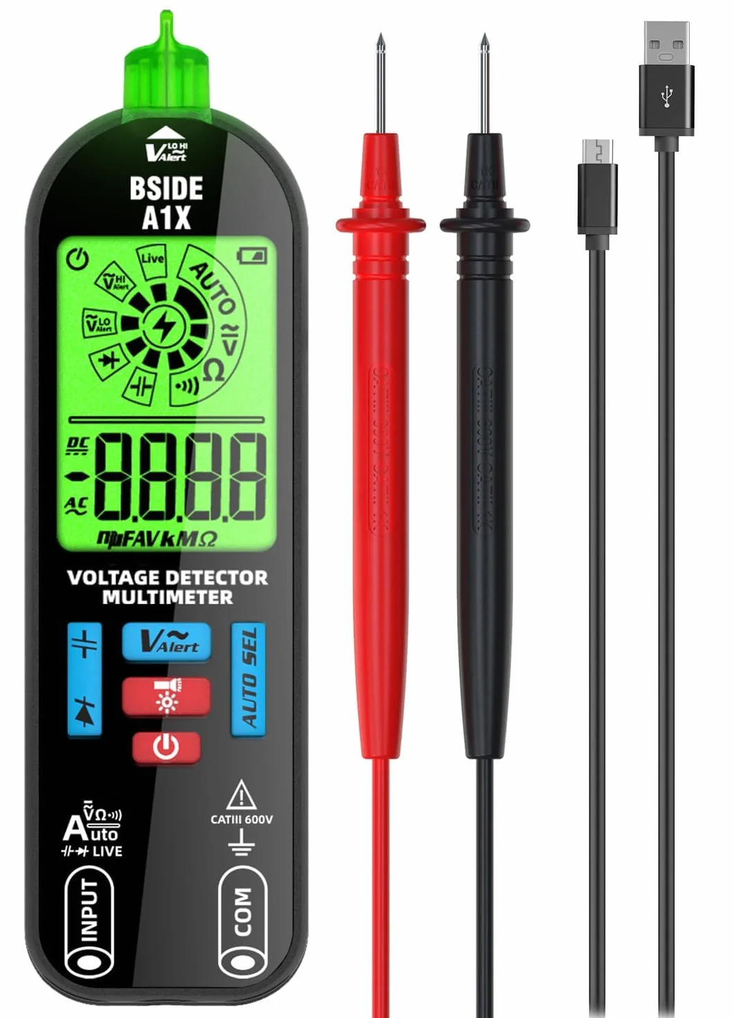 BSIDE A1X Multimètre Numérique Intelligent Mini Testeur Électrique Rechargeable avec Nouvel Écran ID Détecteur de Tension Sans Contact Testeur de Continuité Capacité Ohm Diode Câble Sous Tension