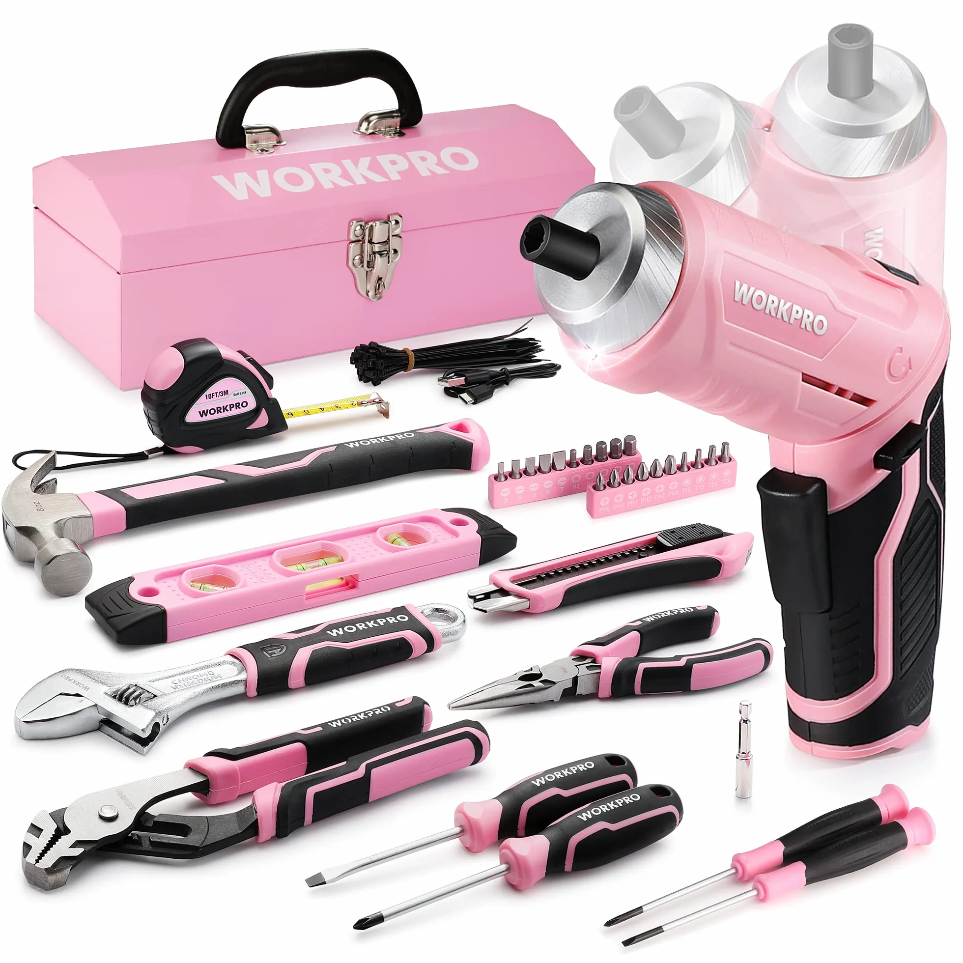 WORKPRO Caisse à Outils Complète 73 Pièces avec Tournevis sans Fil 3,7 V | Boîte en Métal Portable, pour Réparation Domestique et Travaux, Coloris Rose