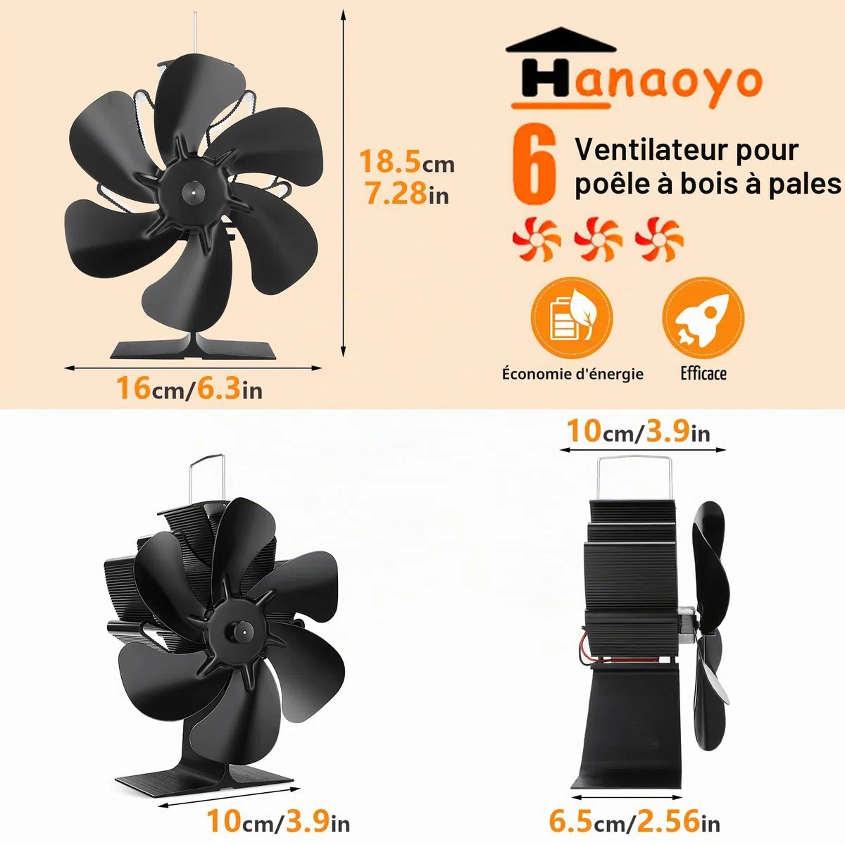 Hanaoyo Ventilateur de poêle à bois à 6 pales, alimenté par la chaleur, ventilateur de poêle à bois, fonctionnement silencieux, ventilateur de poêle pour poêle à bois, cheminée