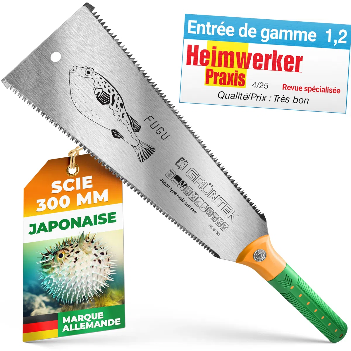 GRÜNTEK Scie Japonaise Menuisier 300mm Scie Jardin Coupe double fine et grosse Scie à main bois lame double