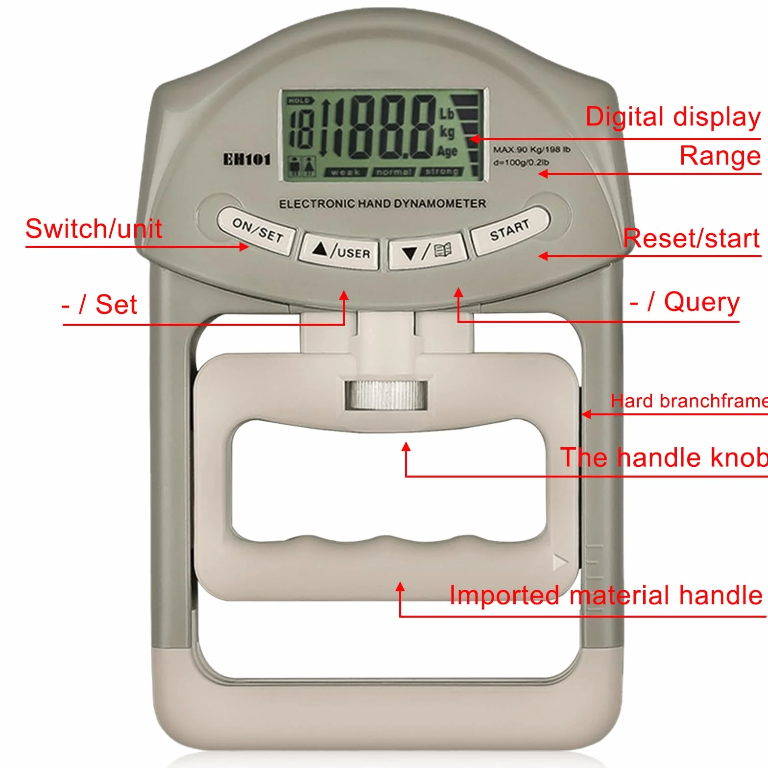 Powermètre numérique à main, 90 kg, dynamomètre manuel gris avec 19 jeux de plaques individuelles, entraînement de force de préhension électronique et grand écran LED