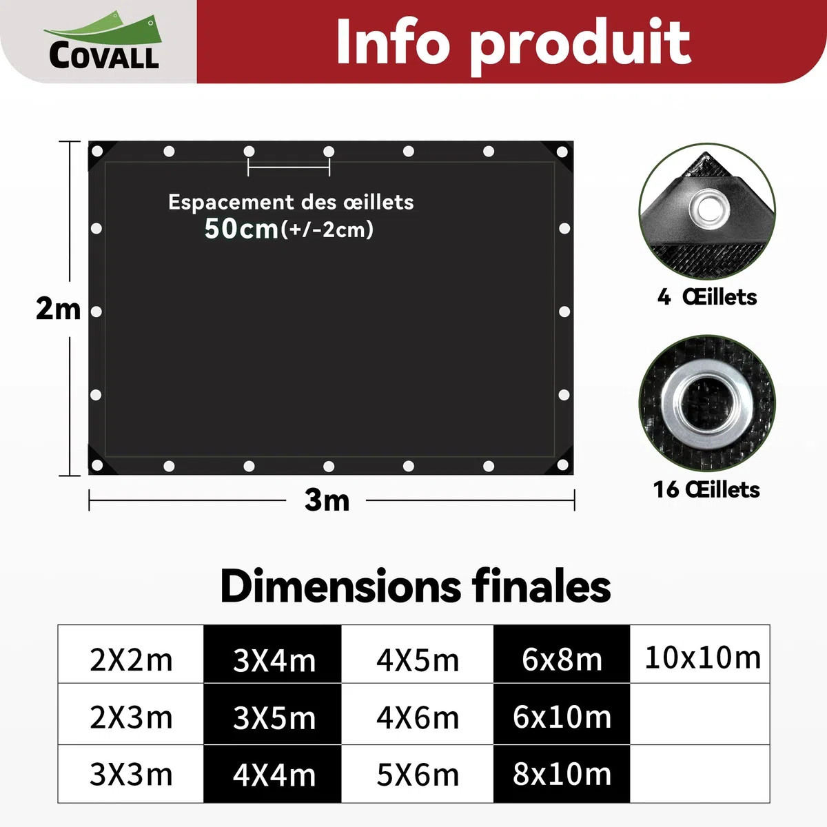 bâche Noire imperméable 115g/m² 2x3m, Protection extérieure, Anti-UV, Anti-déchirement, œillets métalliques Tous Les 50cm, Fixation Facile, pour Jardin, poulailler, Bois, Piscine, toiture