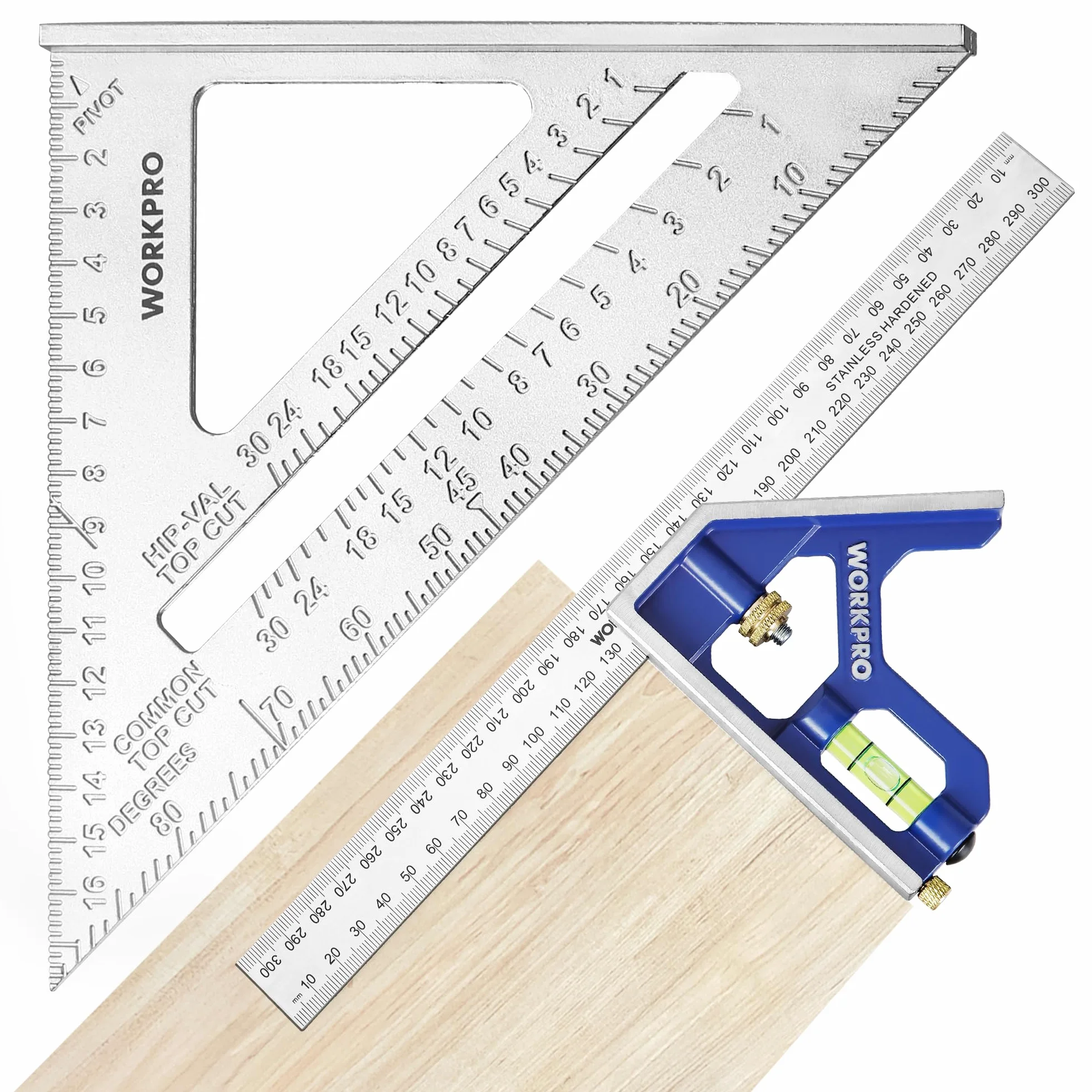 WORKPRO Equerre Menuisier 300 mm et Equerre Charpentier Triangulaire 180mm, Equerre Combinée avec Niveau à Bulle en Acier Inoxydable, Ensemble d'Outils d'Equerre pour Bricolage, Outillage, Menuiserie