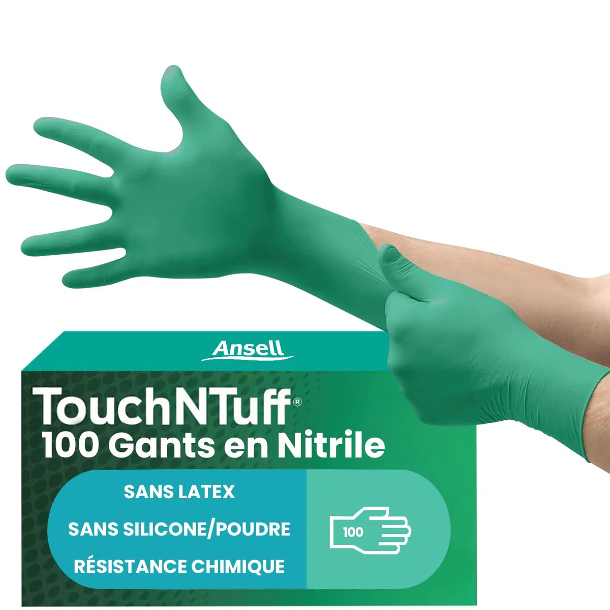 Ansell TouchNTuff 92-600, Gants jetables pour travaux lourds, Gants nitrile contact alimentaire, Gants de protection chimique et mécanique, Sans latex, Boîte de 100 gants en nitrile verts, Taille L