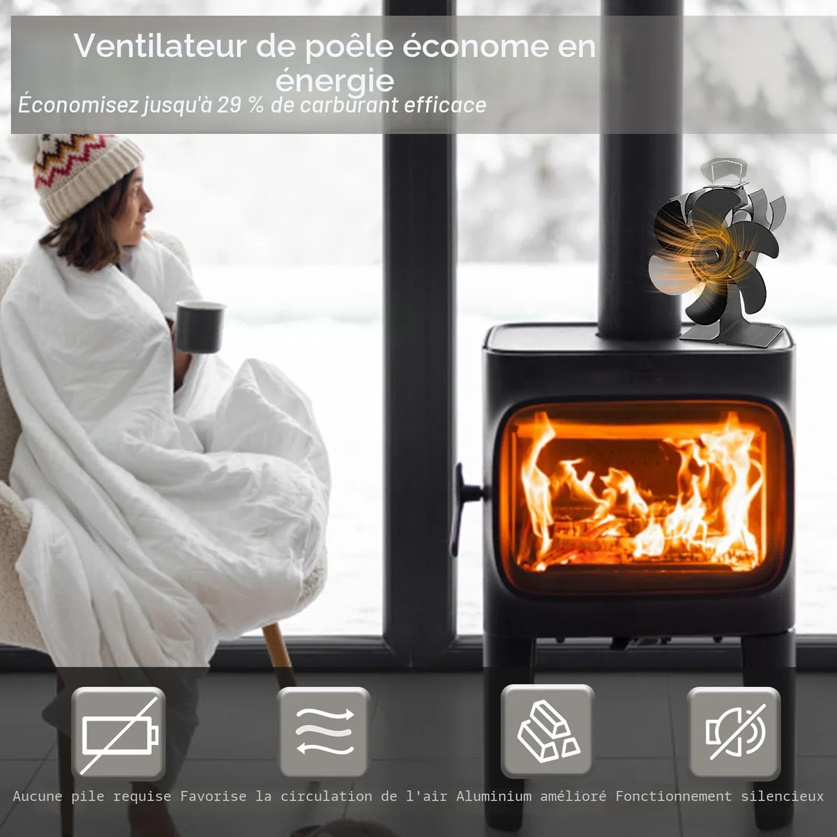 Ventilateur de cheminée à 6 pales, ventilateur de poêle avec télécommande, ventilateur à commande thermique pour poêles à bois et cheminées, fonctionnement silencieux
