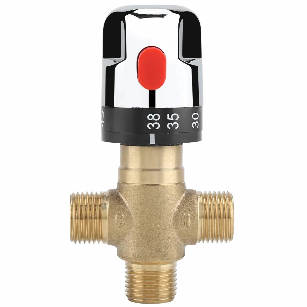 Mitigeur Thermostatique avec Raccords Mâles 1/2 NPT, Vanne de Contrôle de la Température de L'eau, Contrôle du Thermostat, Laiton Massif