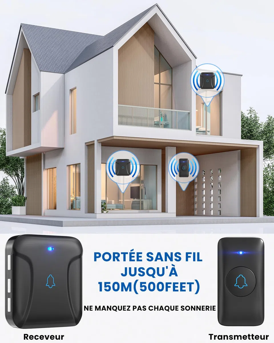 Sonnette Sans Fil, Kit Sonnette de Porte Sonnette Sans Fil Étanche IP55, Carillon de Porte Étanche à 150M Deux Emetteurs, avec 1 Récepteurs Enfichables, 40 Mélodies, 5 Niveaux de Volume