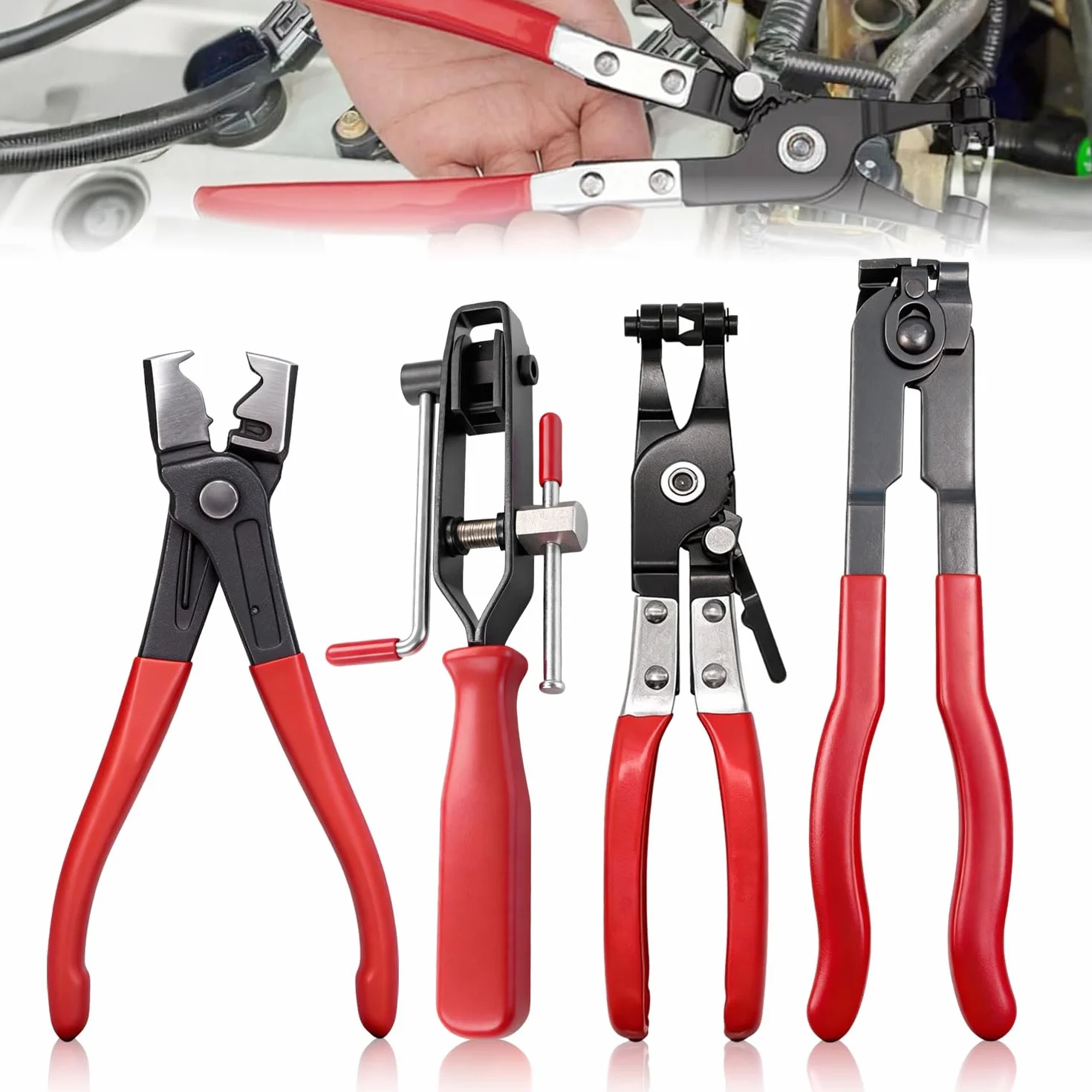Kit de 4 Pince a Collier Durite Professionnel pour Collier de Serrage | Pince Circlips Pinces Coupante Clé à Tube, Acier Carbone Haute Résistance, Manches Anti-Dérapage, Outillage Mecanique Auto