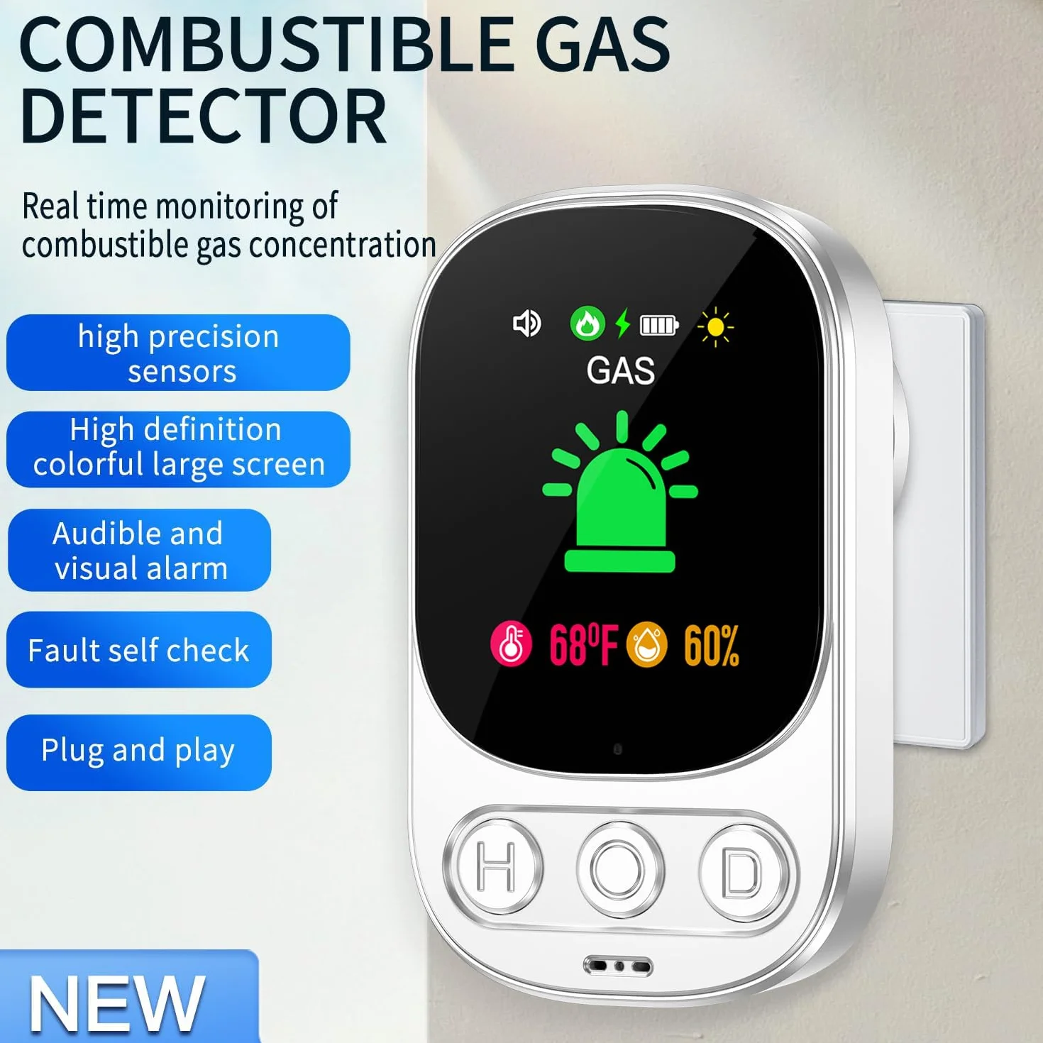 Détecteur de Gaz Combustibles avec Prise pour Maison, Alarme de Gaz, Détecteur de Fuite de Gaz pour Gaz Naturel LPG Méthane Propane Butane, avec Batterie Rechargeable, Blanc, HD05-B