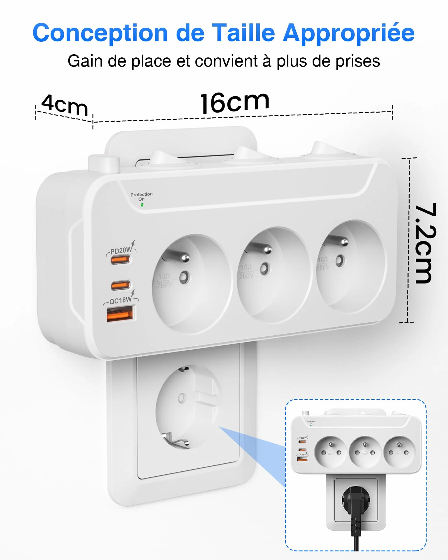 Prise Multiple USB C,Multiprise Murale 3 Prises Française avec Charge PD20W | Multiprise Parafoudre et Surtension,Interrupteur Individuel,Triplite Electrique Prise Rotative Horizontale et Verticale,Blanc