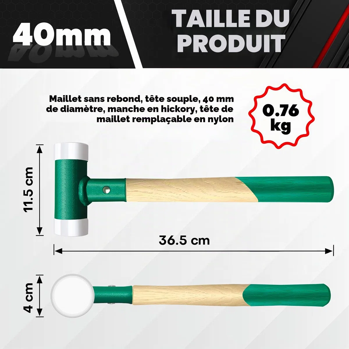 C&T Marteau de protection, maillet souple, diamètre : 40 mm, manche en bois avec tête en nylon interchangeable pour l'entretien et le montage, poignée en bois de 40 mm