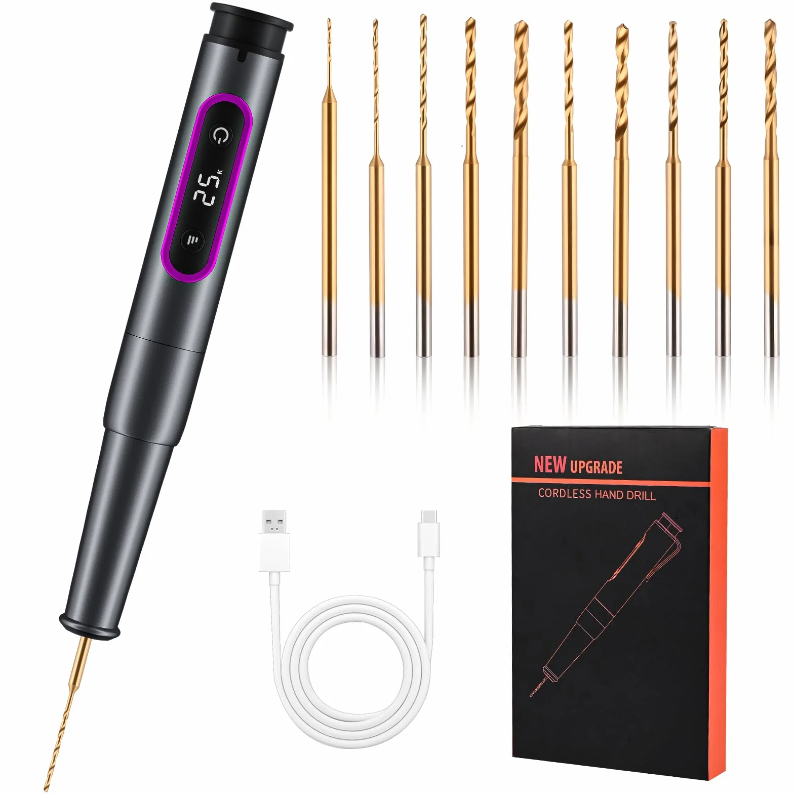 Mini Stylo Perceuse Électrique, GuKKK Mini Perceuse Sans Fil à 5 Vitesses, Mini Perceuse Électrique Manuelle avec 10 Petits Forets, pour Résine, Bijoux, Circuit Imprimé, Cuir, Plastique