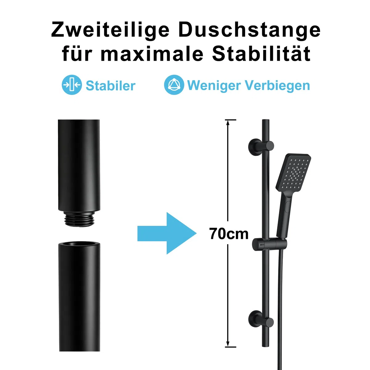 Görbach Barre de Douche Noir 70cm en Acier Inoxydable avec Support de Pommeau de Douche Réglable et Fixations Murales Variables pour S'adapter aux Trous de Perçage Existants