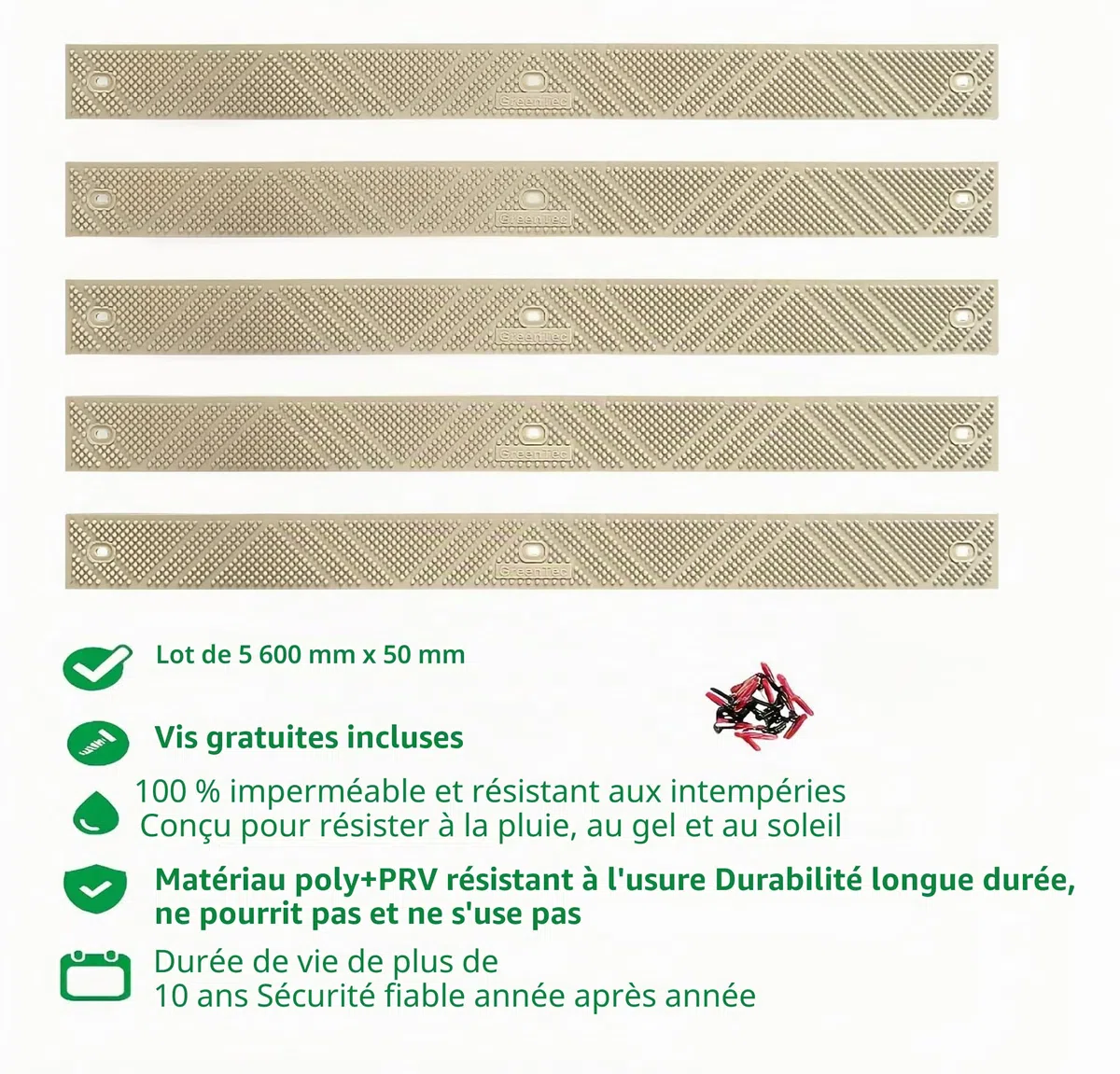 Lot de 5 bandes antidérapantes pour terrasse de 600 mm | Durée de vie de plus de 10 ans | Polypropylène résistant avec fixations | Sécurité extérieure pour les marches et les rampes (Beige)