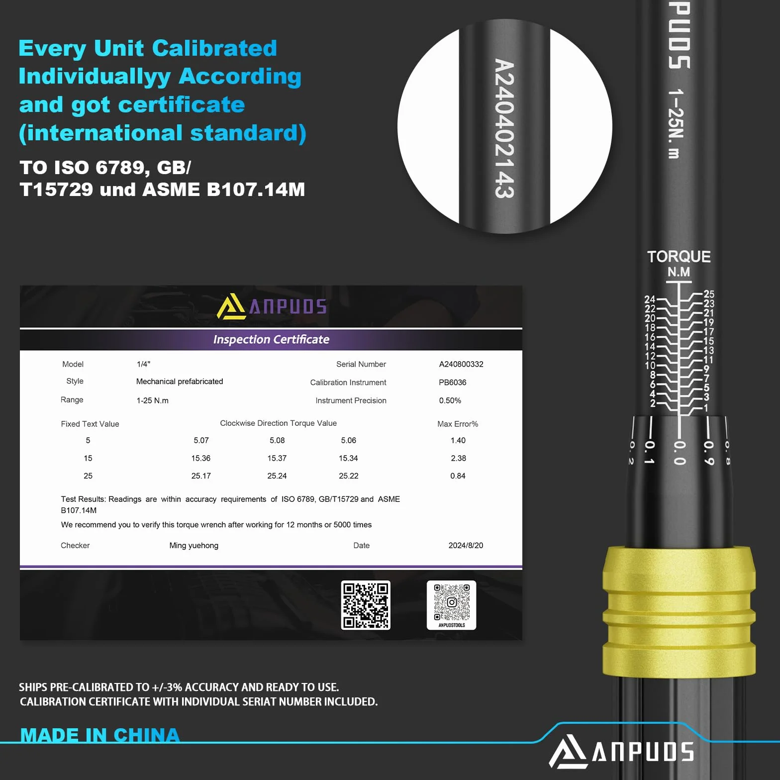 ANPUDS Clé Dynamométrique 1/4'', 1-25Nm Clé Dynamométrique Vélo, 0,1 NM Micro-ajustement, Précision ±3%, 72 Dents Cle Dynamometrique pour Vélos Route Montagne y Moto