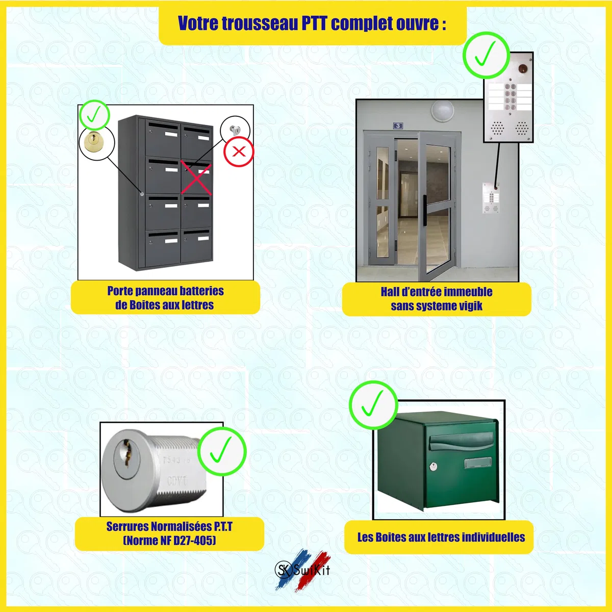 Pass PTT Tousseau complet 21 clés A a U - Clé boîte aux lettres et serrures normalisées - Accès halls d'immeubles, boîtes aux lettres et armoires techniques - Compatible standard PTT France