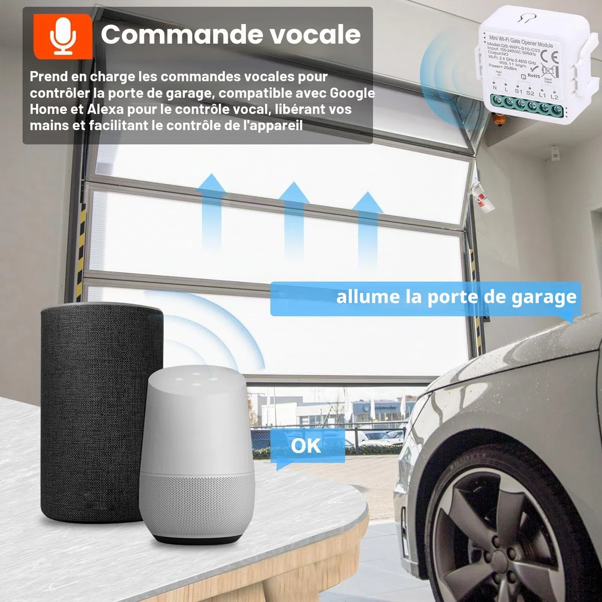 Module de porte de garage intelligent Wifi, ouvre-porte à commande vocale logicielle avec fonction minuterie et télécommande, interrupteur de porte de commande sans fil pour la