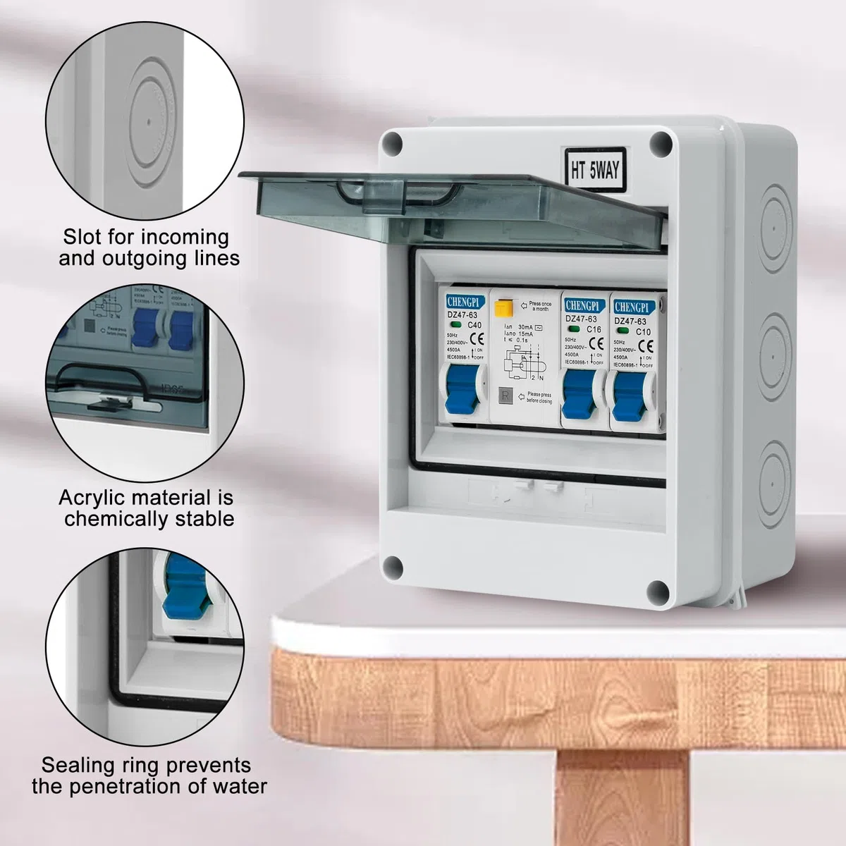 Boîte Coffret Electrique Etanche,Boîtier de Distribution avec Rangée de Cuivre,Disjoncteurs électriques 40A CA,Sectionneur 10A+16A CA pour Maison/Bureau,Montage sur Rail 35mm