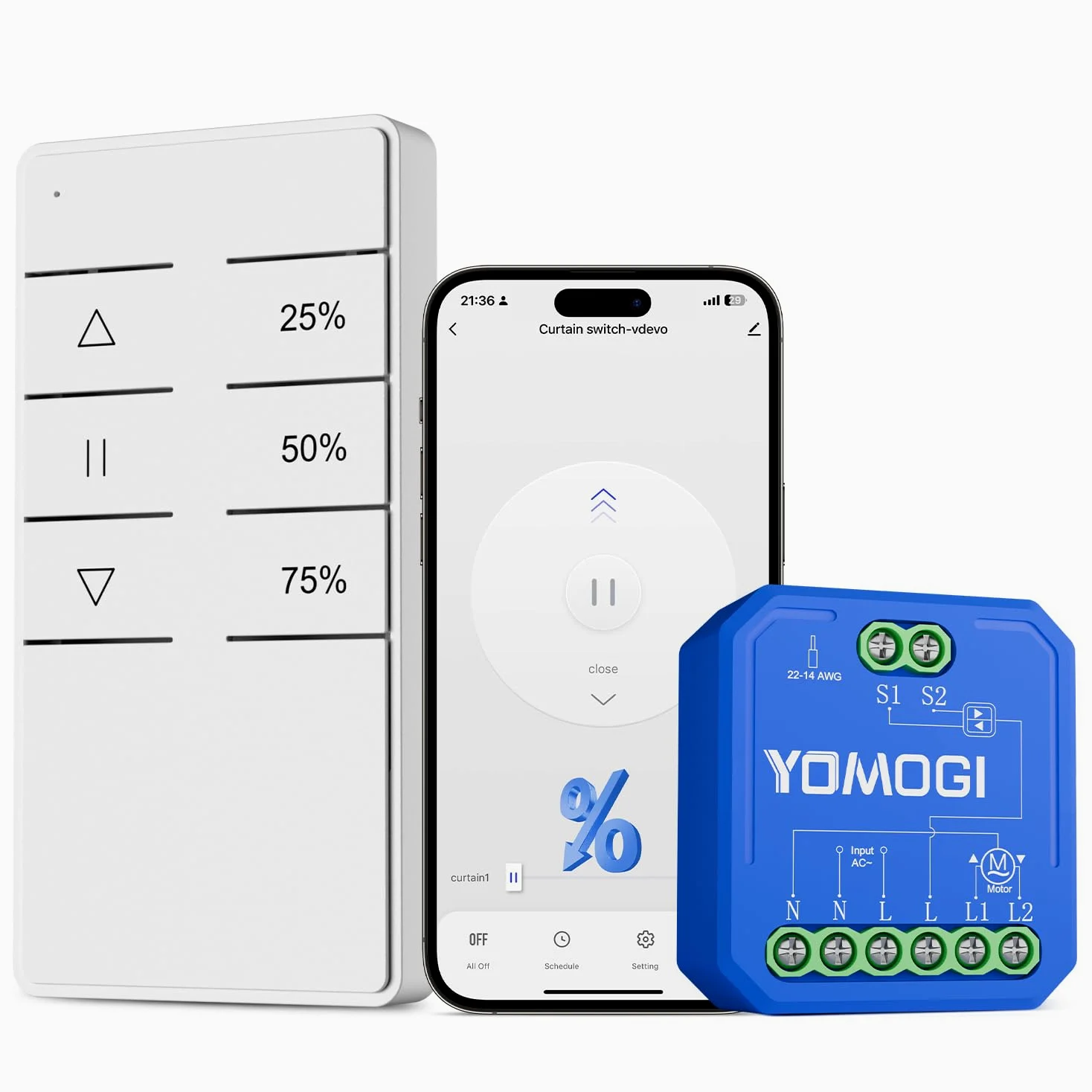 YOMOGI Module Volet Roulant Connecté avec Télécommande RF, Module WiFi pour Rideau Stores Compatible avec Alexa Google Home pour Contrôle en Pourcentage, Télécommande Appairée (1)