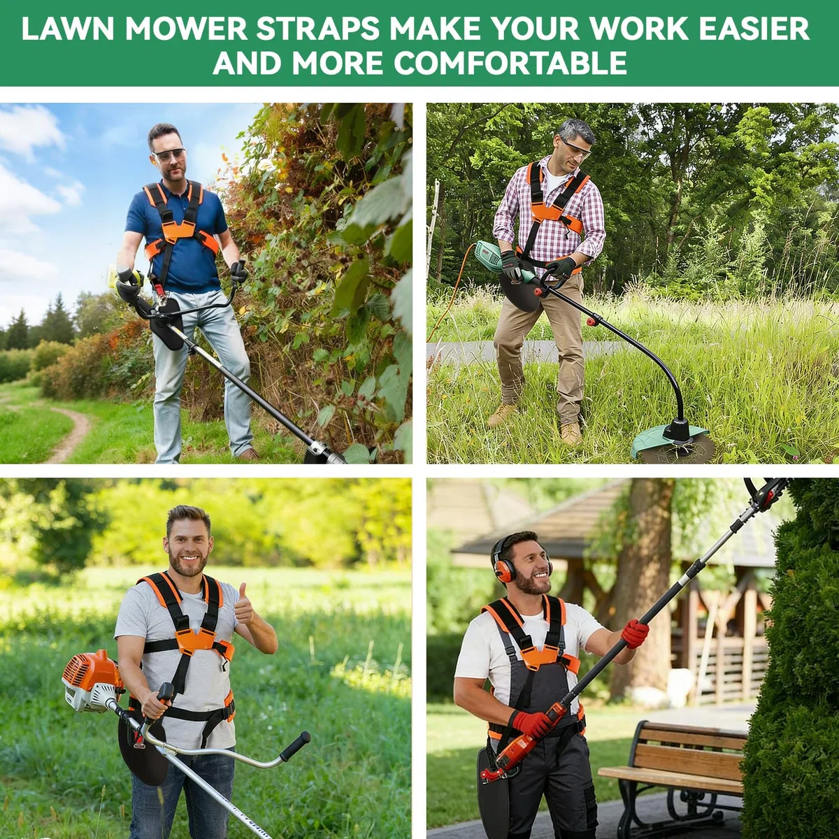 Harnais Double pour Débroussailleuse, Lanière de Support Réglable Universelle pour Coupe-bordures Taille-bordures, Bretelles Rembourrées en Nylon pour Travaux de Jardinage (Orange)