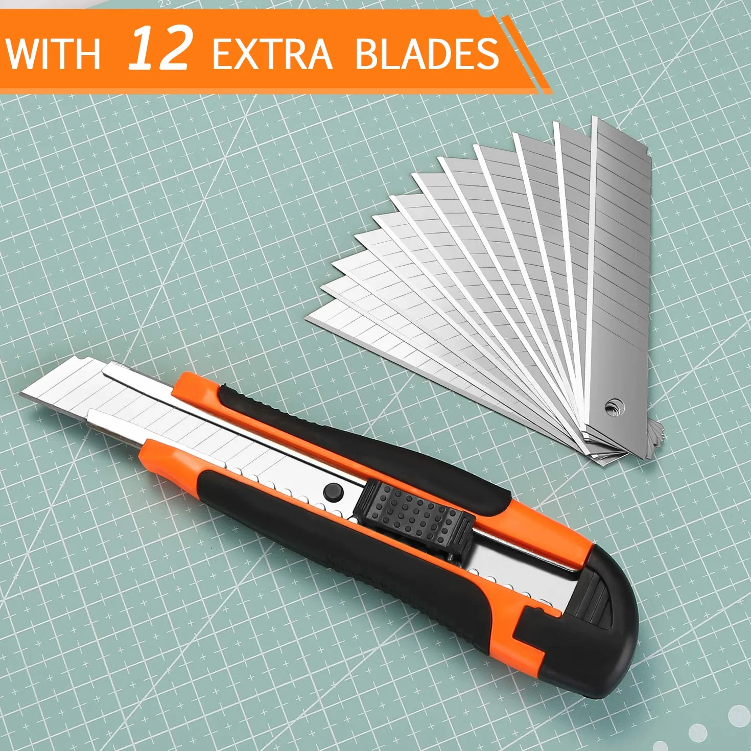 Lot de 12 Cutters Professionnels, Cutters à lame rétractable de 18 mm avec 12 lames de rechange supplémentaires, parfait pour couper papier, adhésif, carton, et tissu