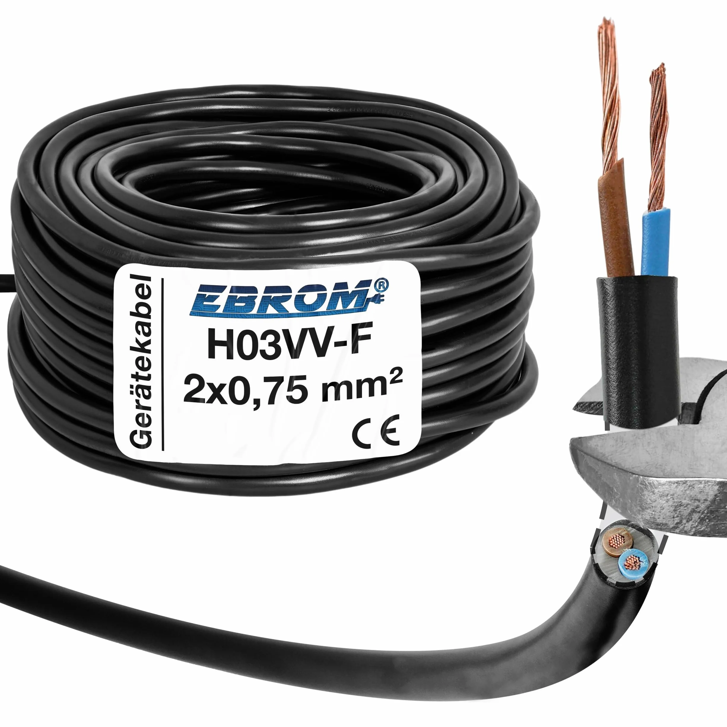 Conducteur sous gaine légère type H03 VV-F, 2 fils de 0,75 mm², 25 m, noir