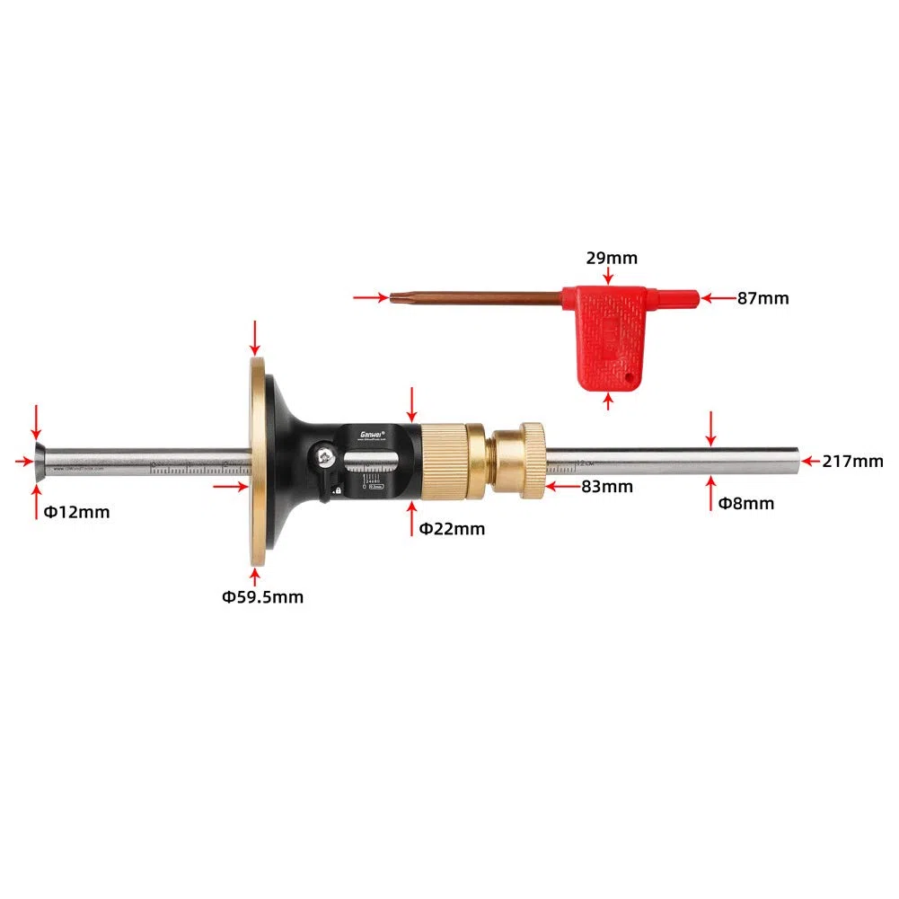 Jauge de marquage de roue avec clé T15, 0,2 mm, kit de jauge de marquage de roue léger, micro ajusteur pour travail du bois (noir + or, taille : 21,6 x 5,8 cm)
