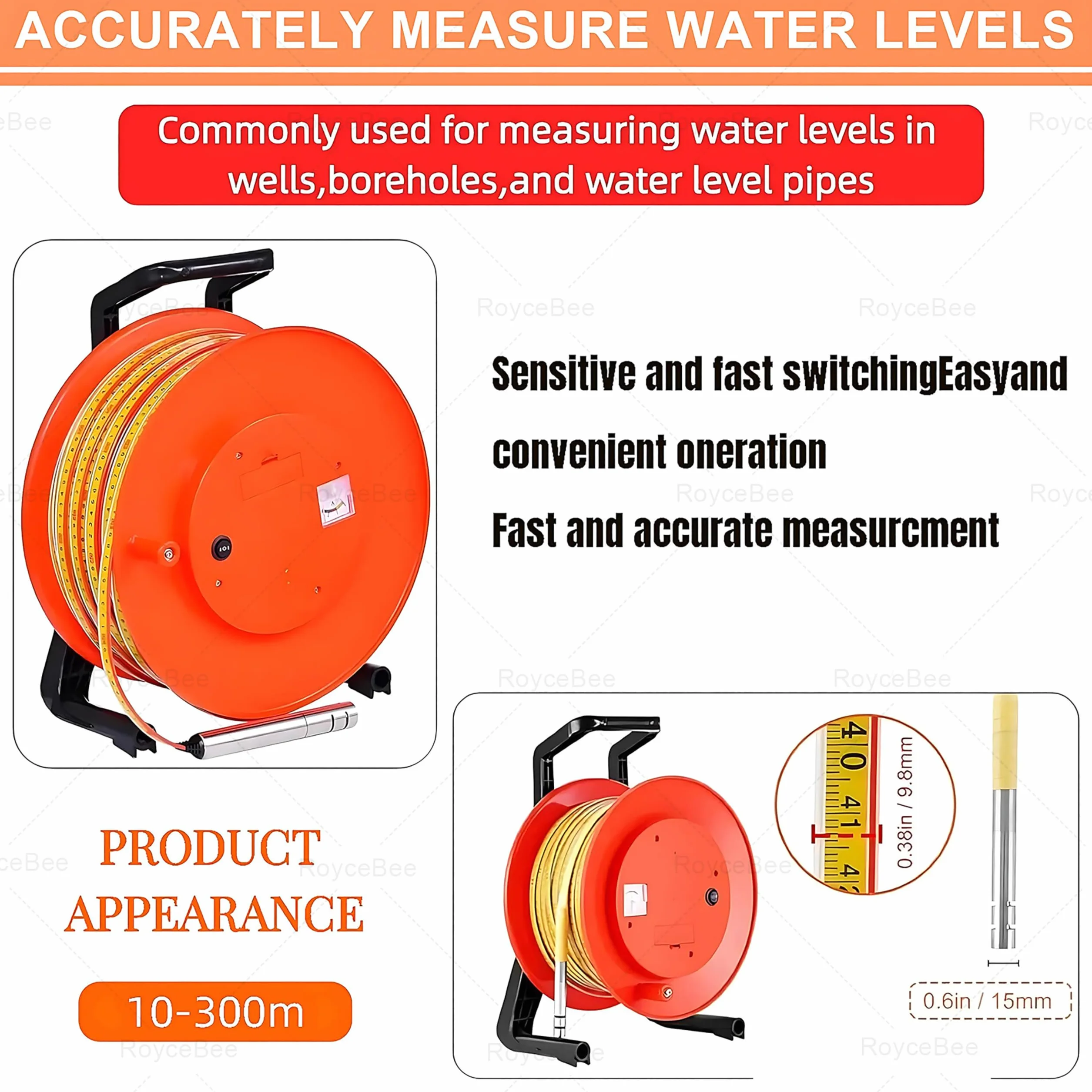 Coffret de Mesure de Niveau Piézométrique, avec Ruban en Acier et Indicateur Sonore/Lumineux, pour Relevés en Puits, Réservoirs d'eau et Études de Filtration de Barrages 50m/164ft