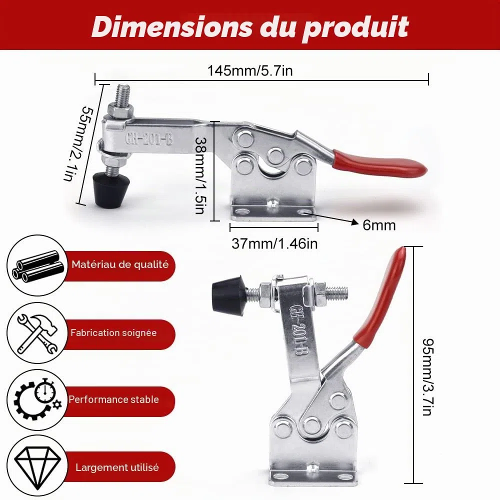 8 PCS Sauterelle en Fer 145mm 90 kg / 201 lbs Galvanisé Sauterelles de Menuisier Anticorrosion Pince à Genouillère Serrage Antirouille Amovible pour Fixation et Serrage Rapide Mécanique