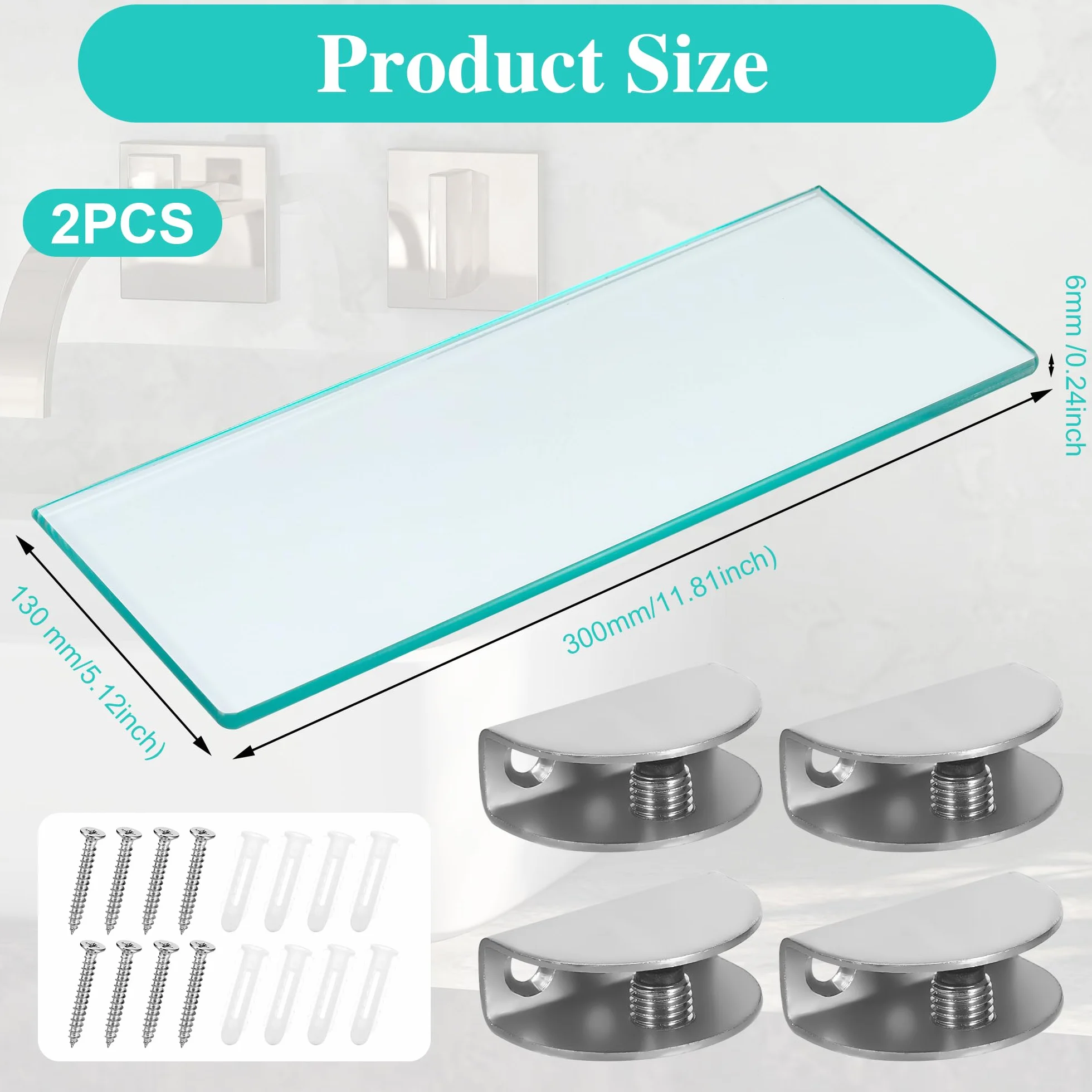 JIZZU Lot de 2 étagères rectangulaires en verre pour salle de bain, chambre à coucher, cuisine, bureau 30 cm, épaisseur 6 mm